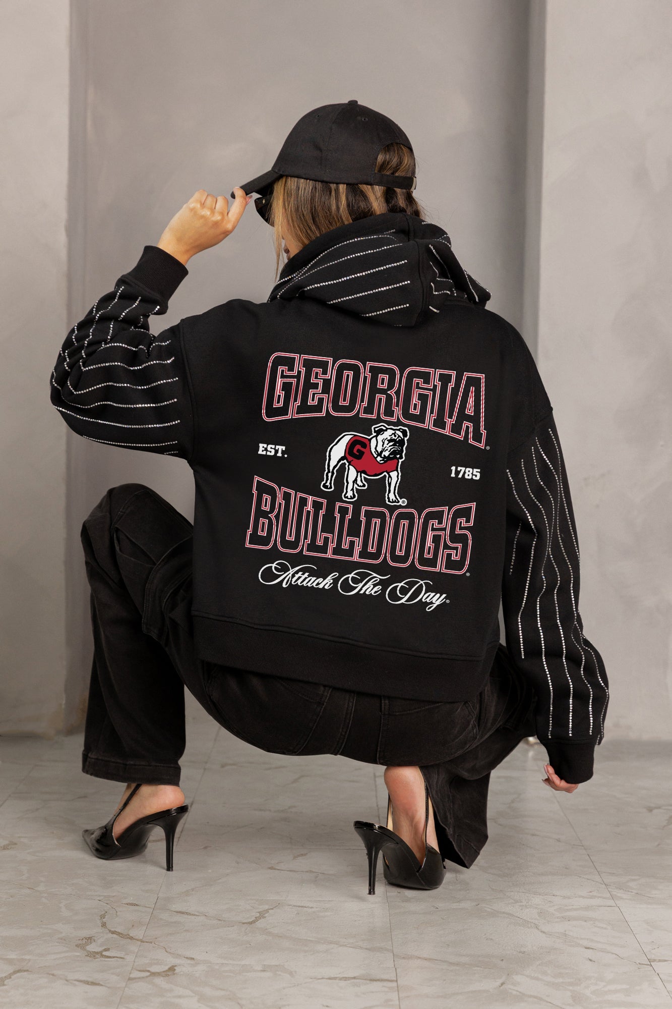 GEORGIA BULLDOGS EYES ON THE PRIZE RHINESTUD STRIPE ZIP HOODIE