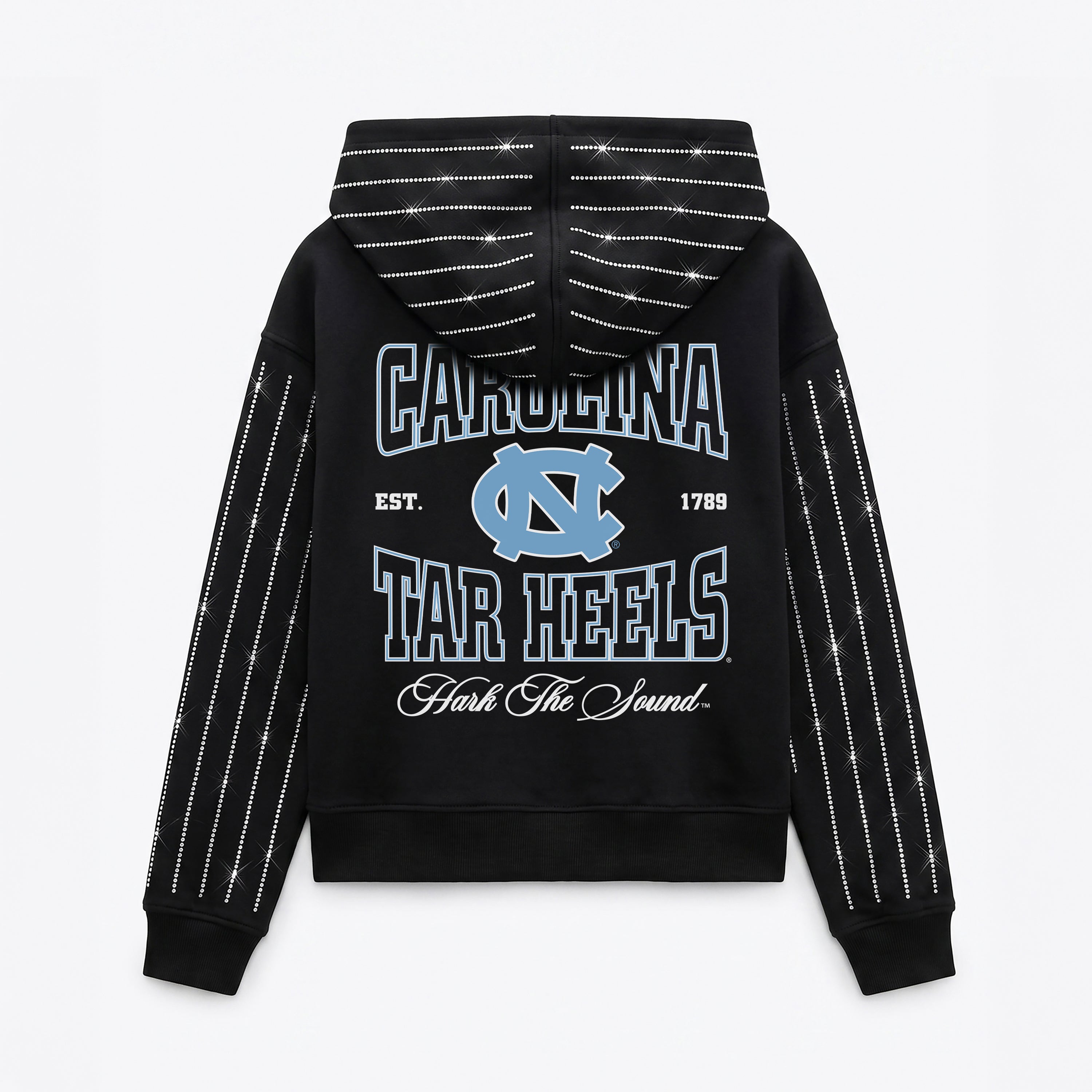 NORTH CAROLINA TAR HEELS EYES ON THE PRIZE RHINESTUD STRIPE ZIP HOODIE