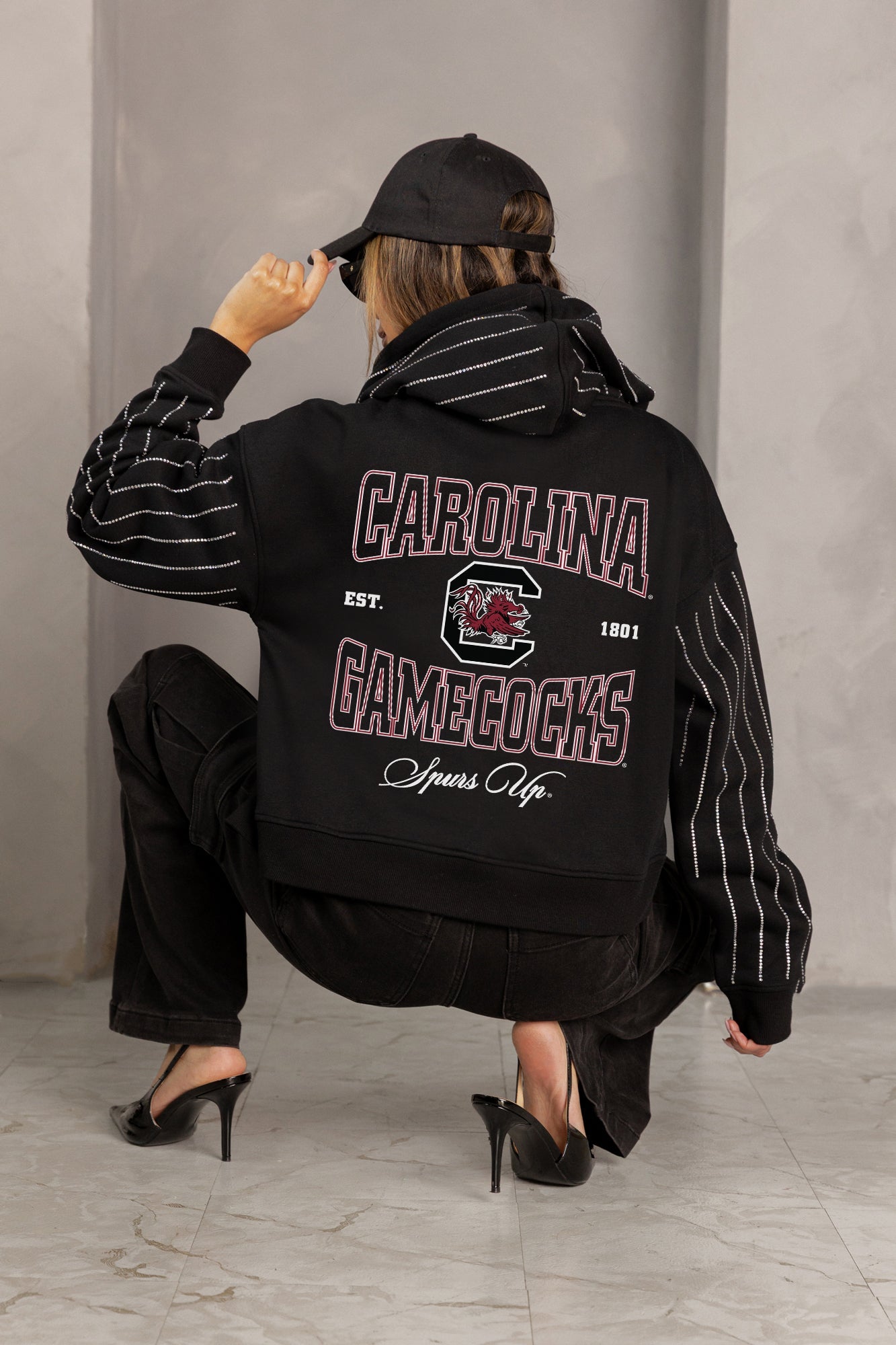 SOUTH CAROLINA GAMECOCKS EYES ON THE PRIZE RHINESTUD STRIPE ZIP HOODIE