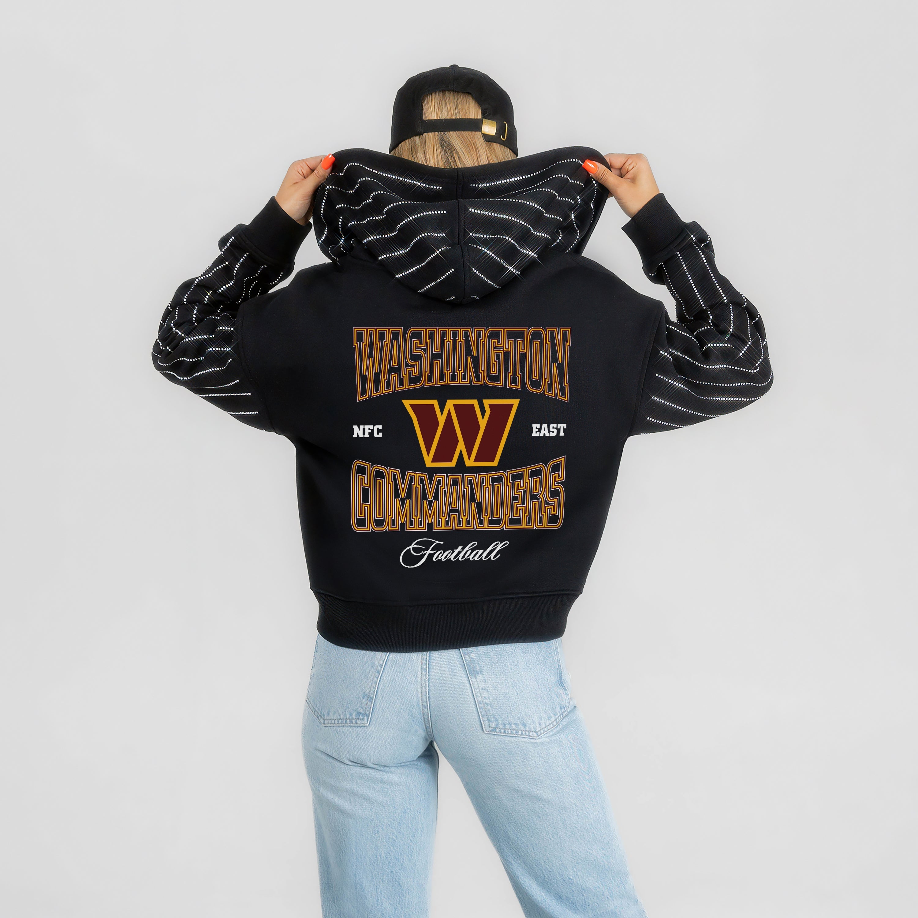 WASHINGTON COMMANDERS EYES ON THE PRIZE RHINESTUD STRIPE ZIP HOODIE