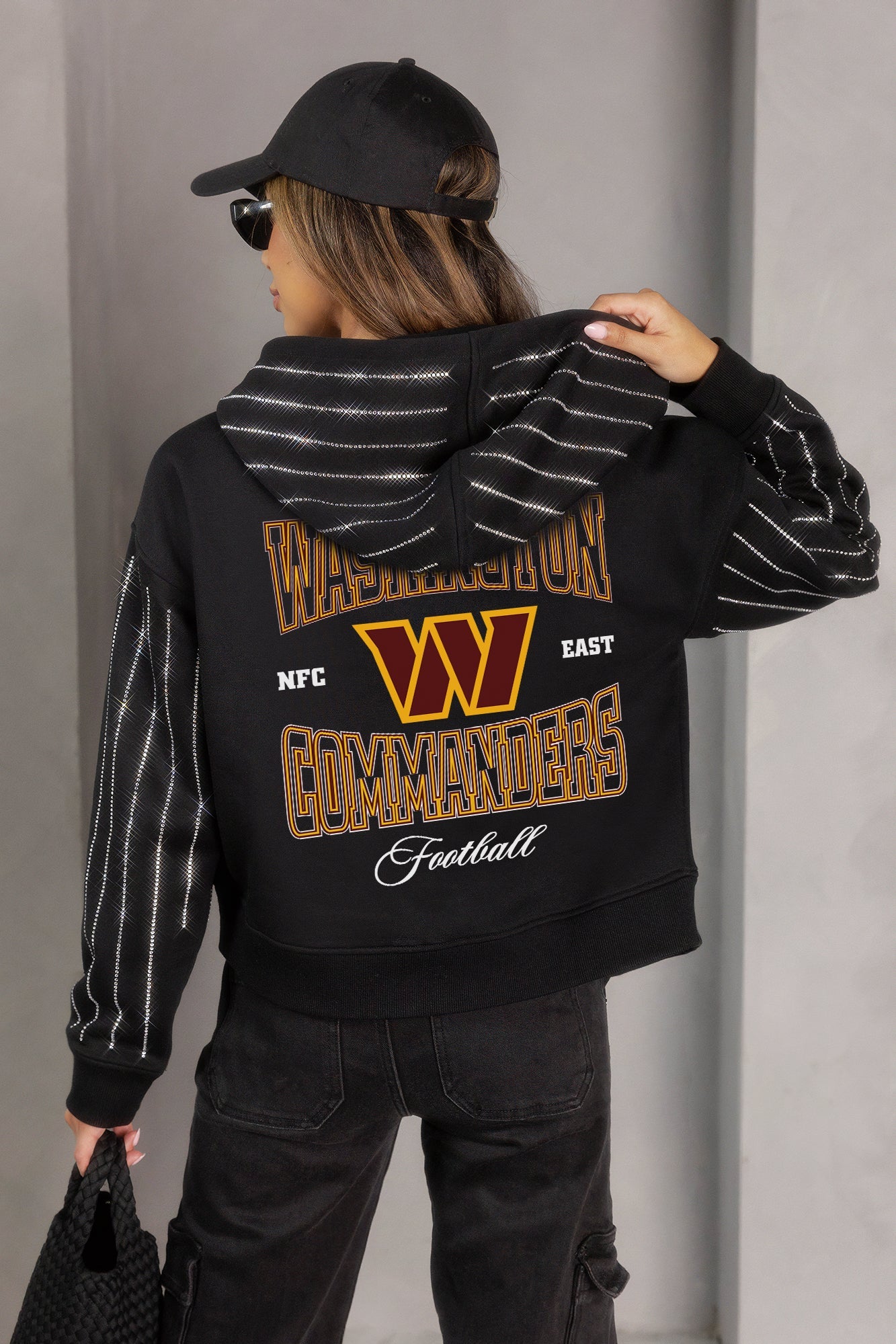 WASHINGTON COMMANDERS EYES ON THE PRIZE RHINESTUD STRIPE ZIP HOODIE