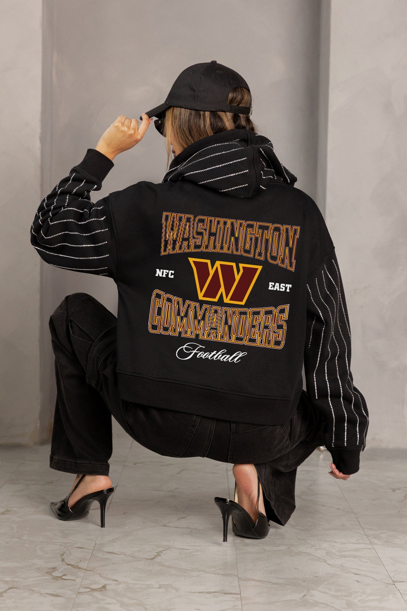 WASHINGTON COMMANDERS EYES ON THE PRIZE RHINESTUD STRIPE ZIP HOODIE