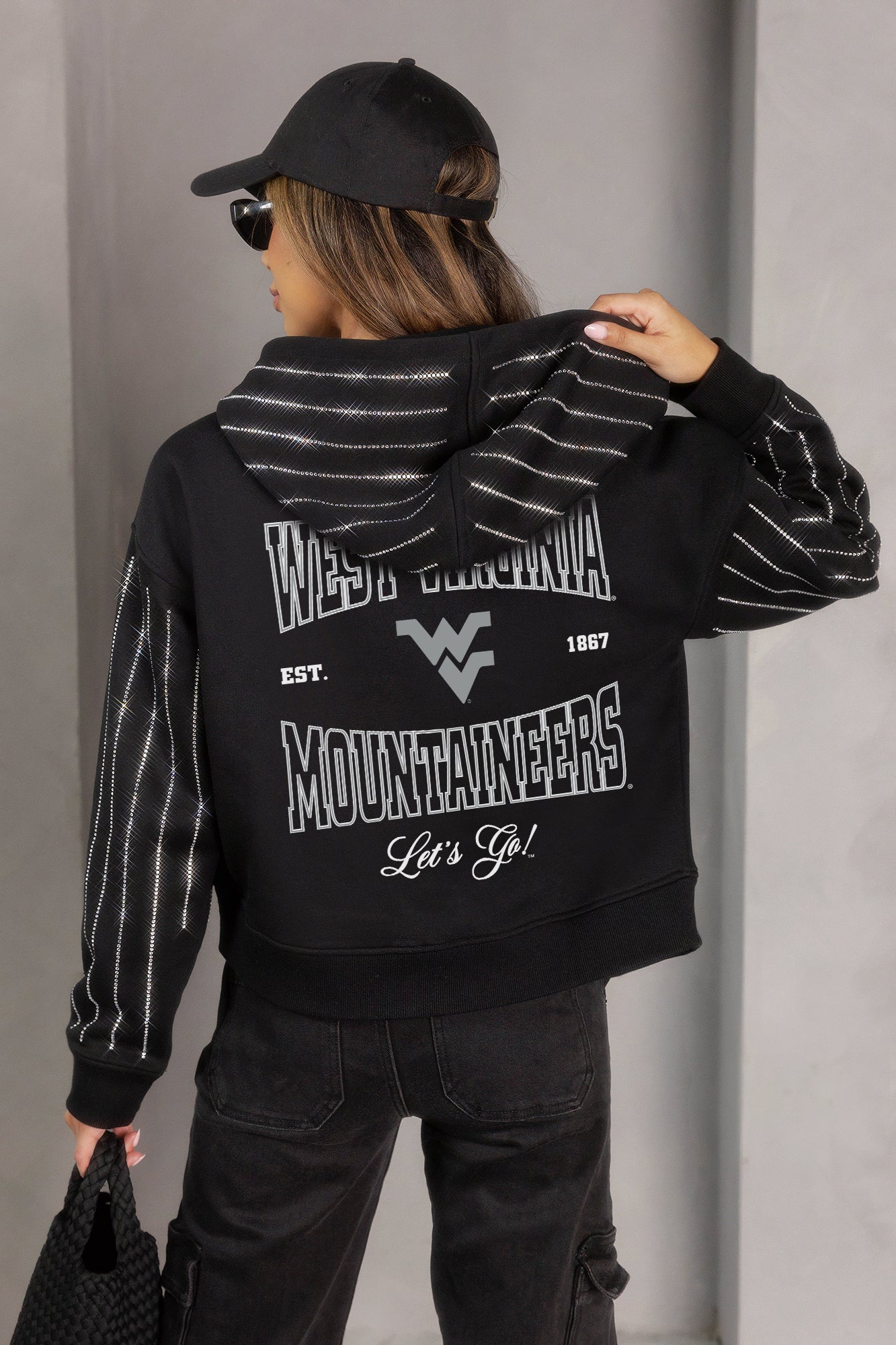WEST VIRGINIA MOUNTAINEERS EYES ON THE PRIZE RHINESTUD STRIPE ZIP HOODIE