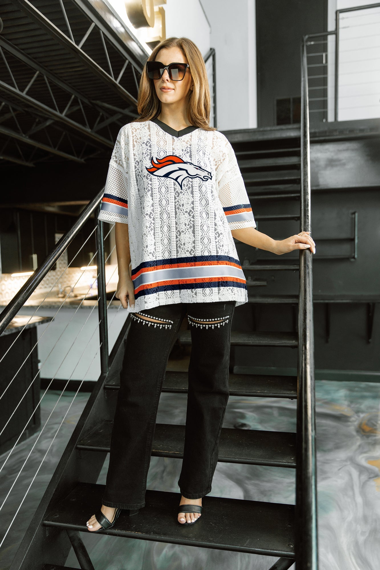 DENVER BRONCOS HIGH NOTE LACE FASHION TOP