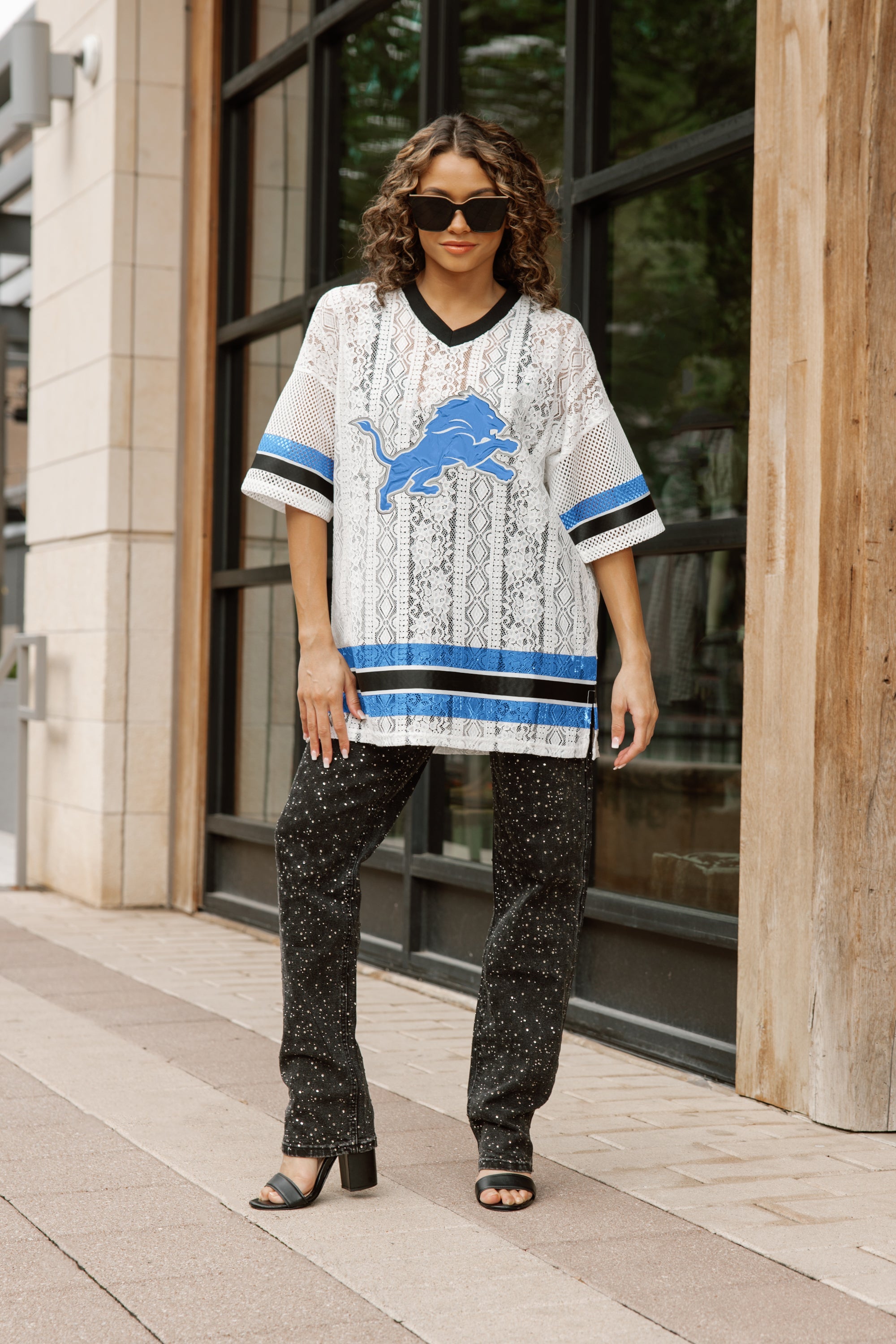 DETROIT LIONS HIGH NOTE LACE FASHION TOP