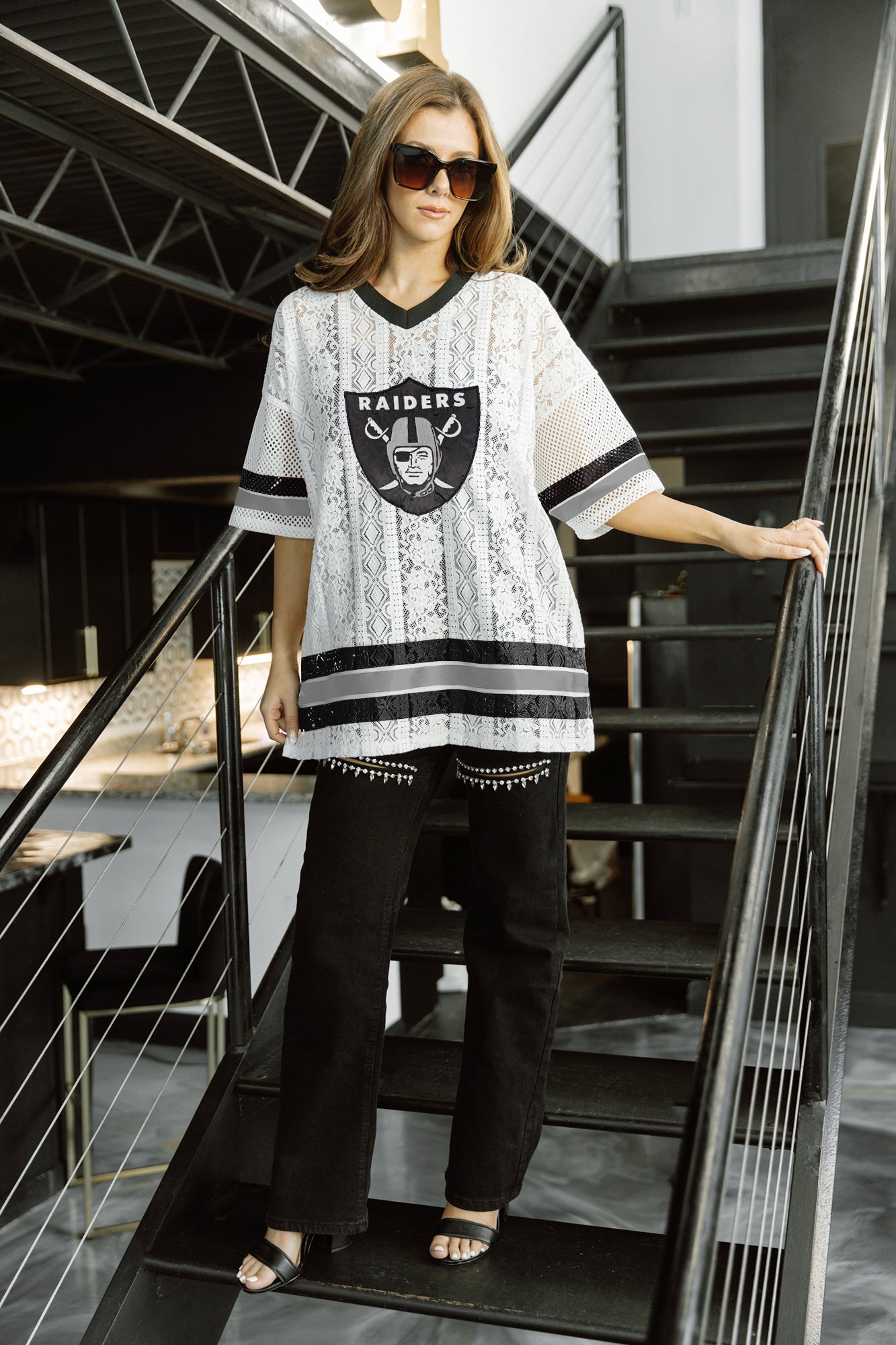 LAS VEGAS RAIDERS HIGH NOTE LACE FASHION TOP