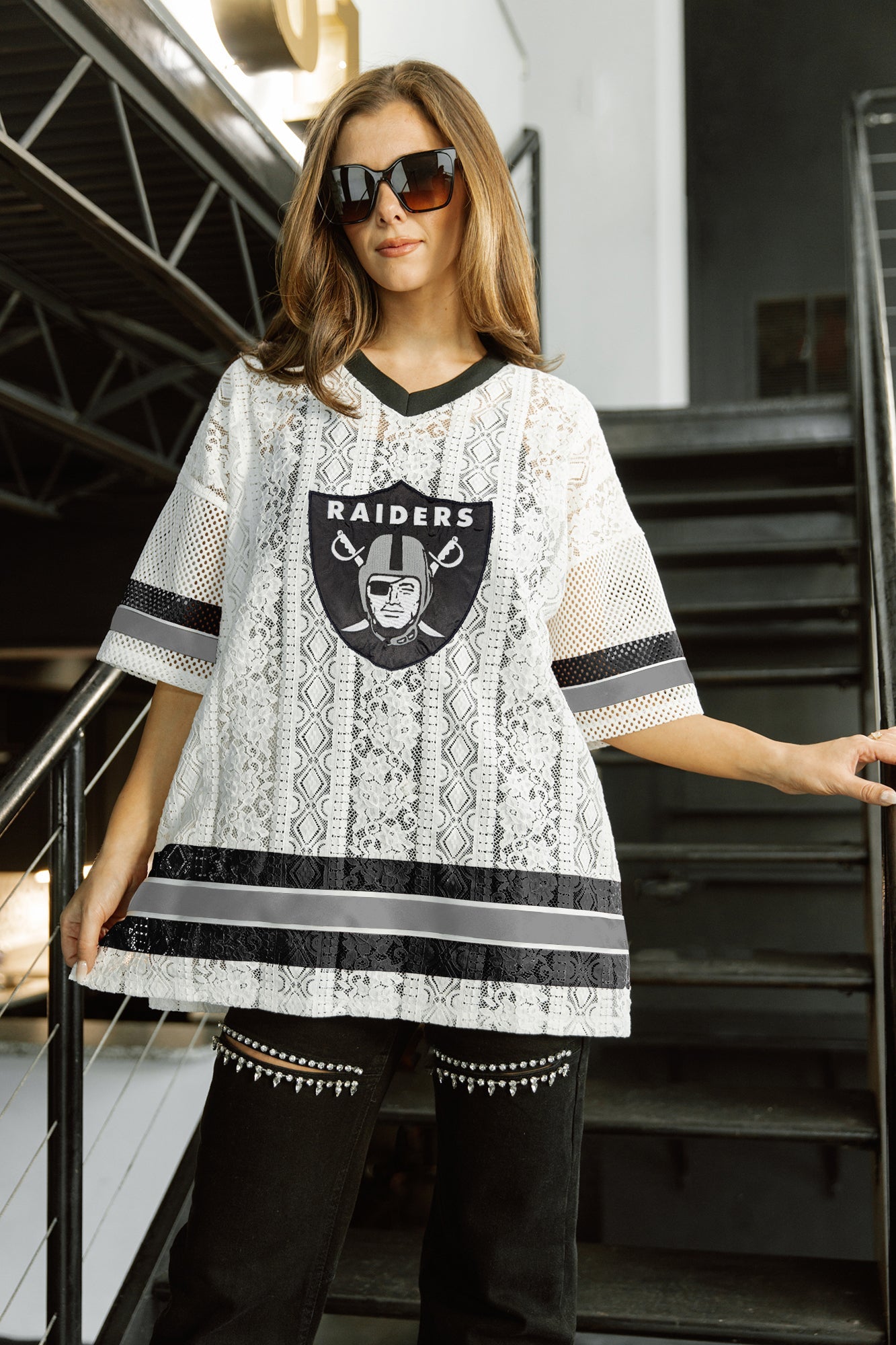 LAS VEGAS RAIDERS HIGH NOTE LACE FASHION TOP