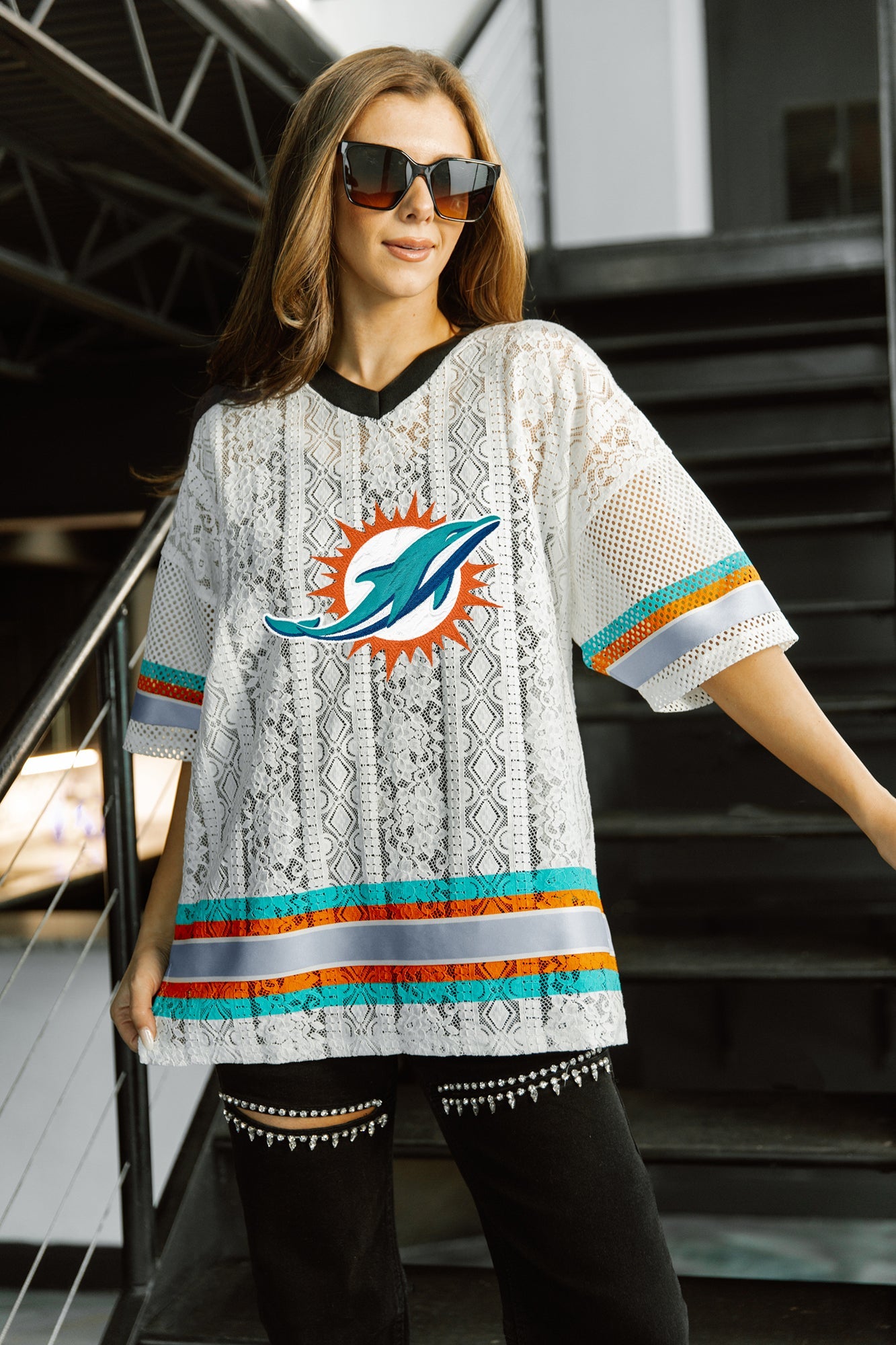 MIAMI DOLPHINS HIGH NOTE LACE FASHION TOP