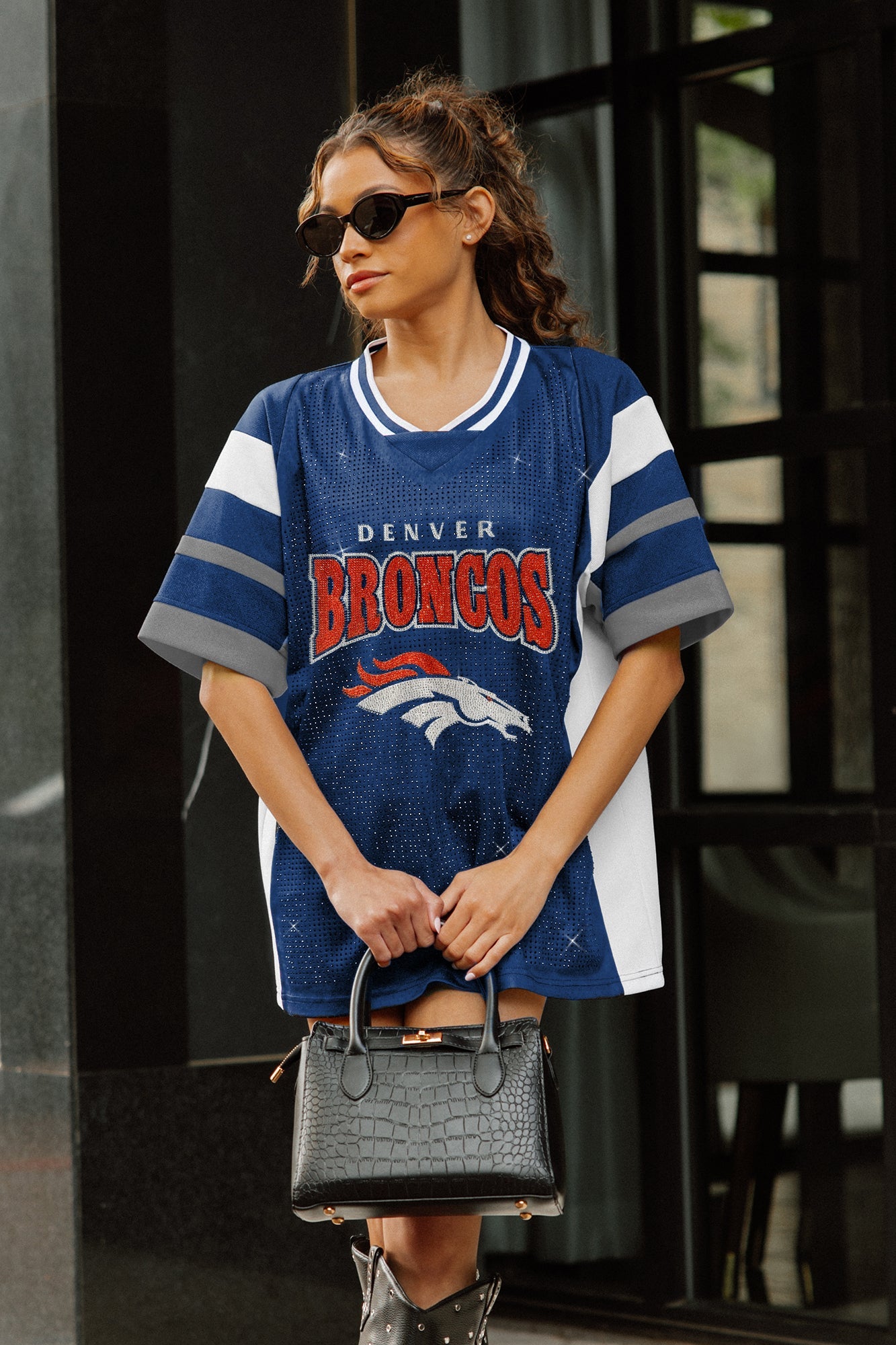 DENVER BRONCOS AMPED UP RHINESTONE FASHION TOP