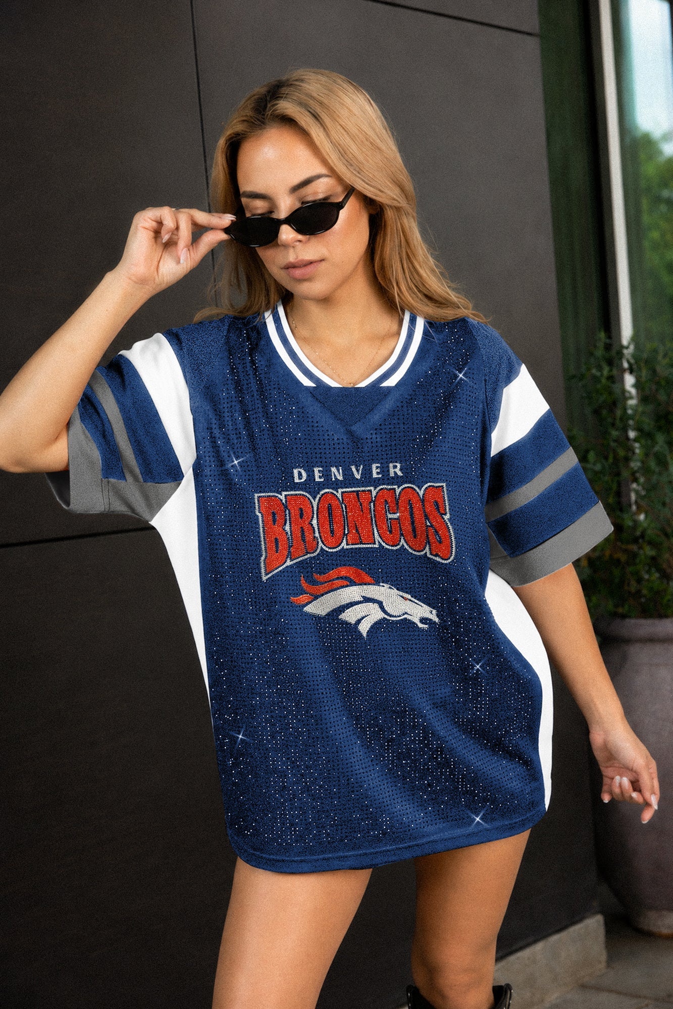 DENVER BRONCOS AMPED UP RHINESTONE FASHION TOP