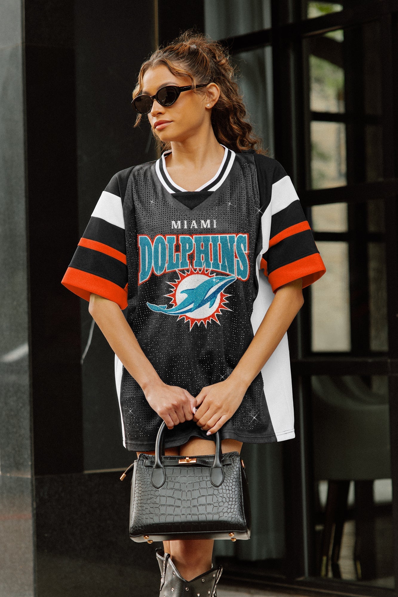 MIAMI DOLPHINS AMPED UP RHINESTONE FASHION TOP