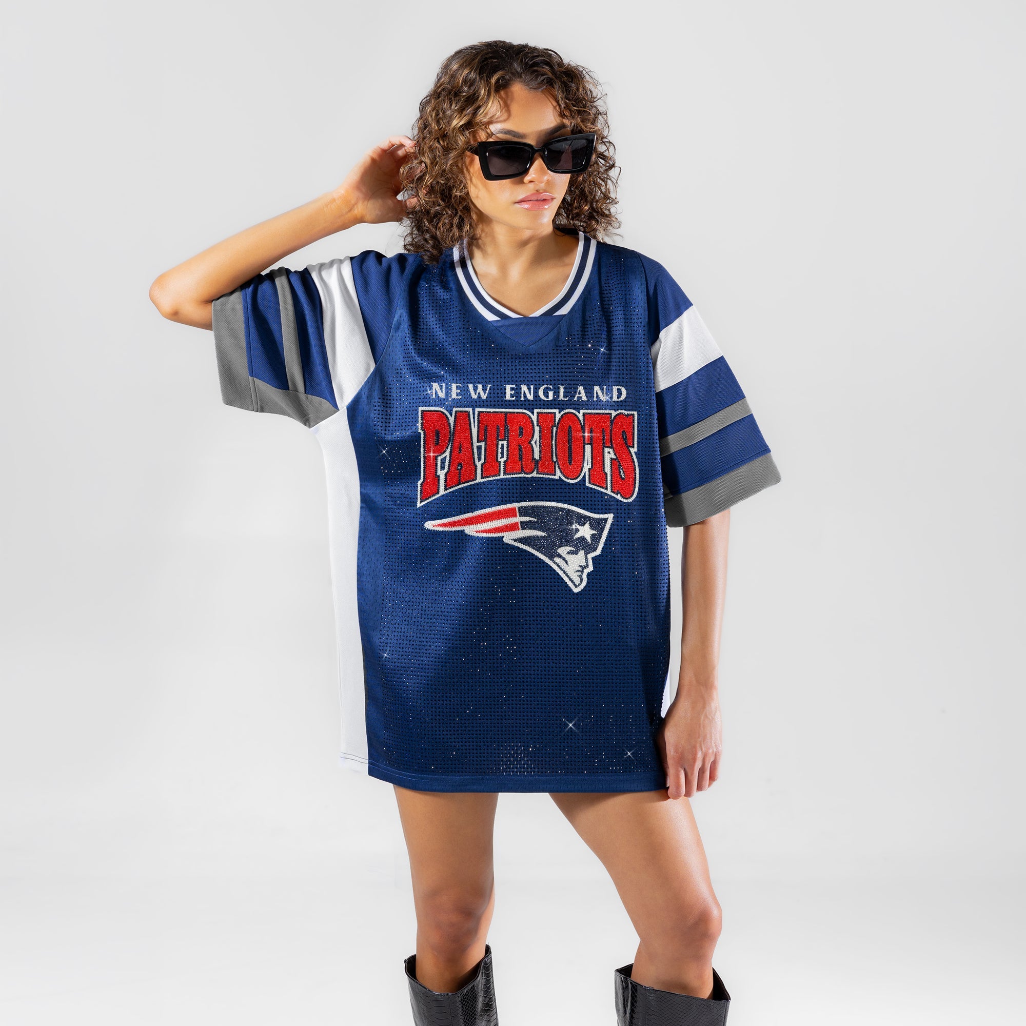 NEW ENGLAND PATRIOTS AMPED UP RHINESTONE FASHION TOP