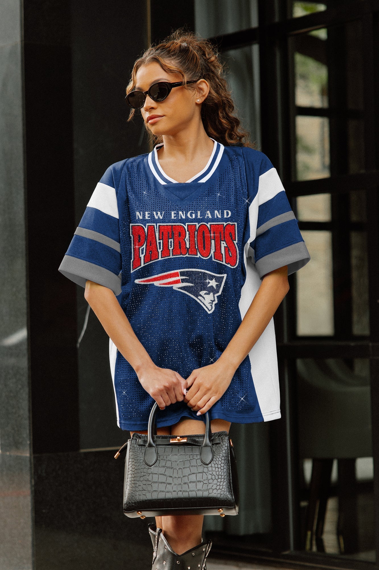 NEW ENGLAND PATRIOTS AMPED UP RHINESTONE FASHION TOP
