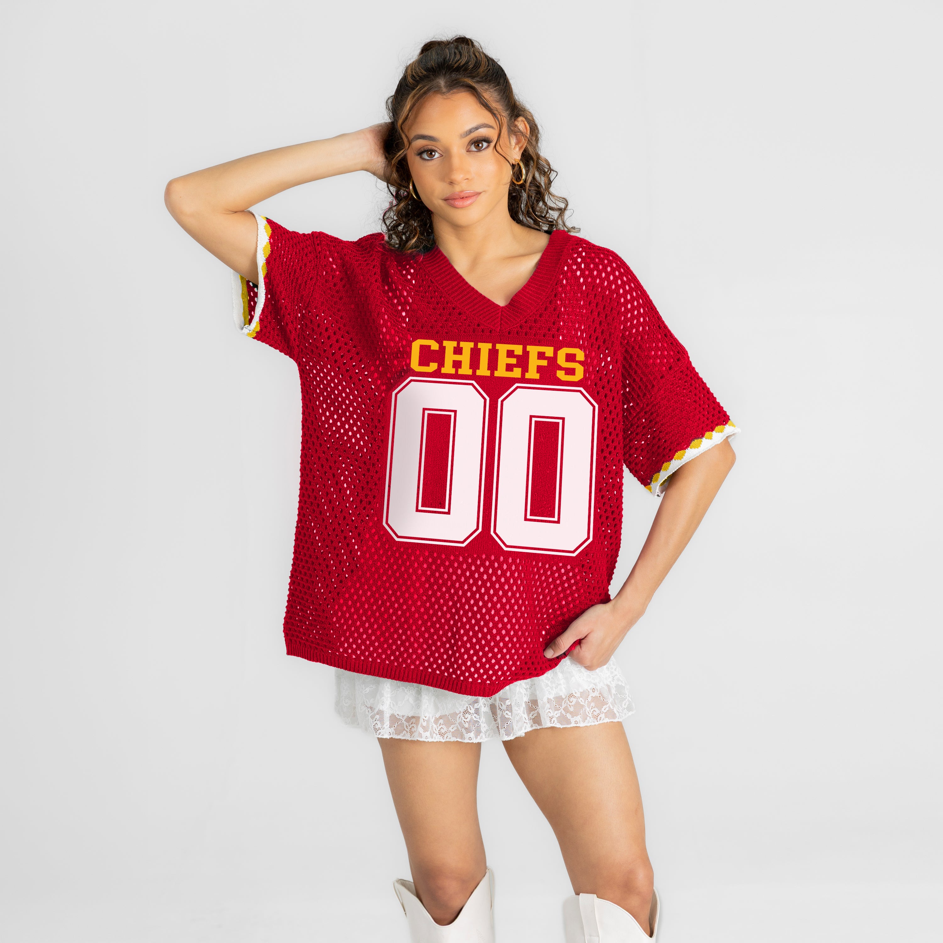 KANSAS CITY CHIEFS CATCH YOU LATER OPEN KNIT SWEATER