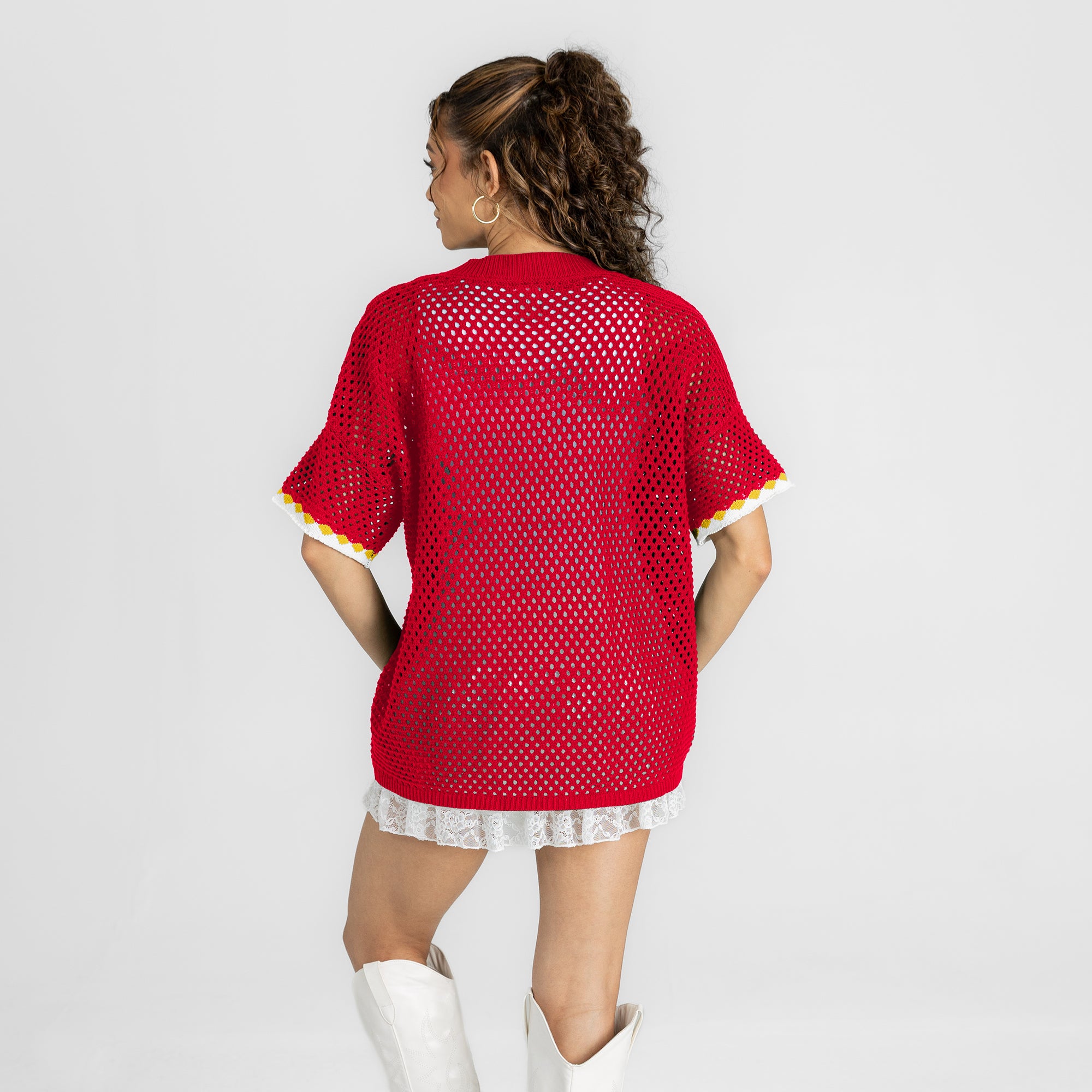 KANSAS CITY CHIEFS CATCH YOU LATER OPEN KNIT SWEATER