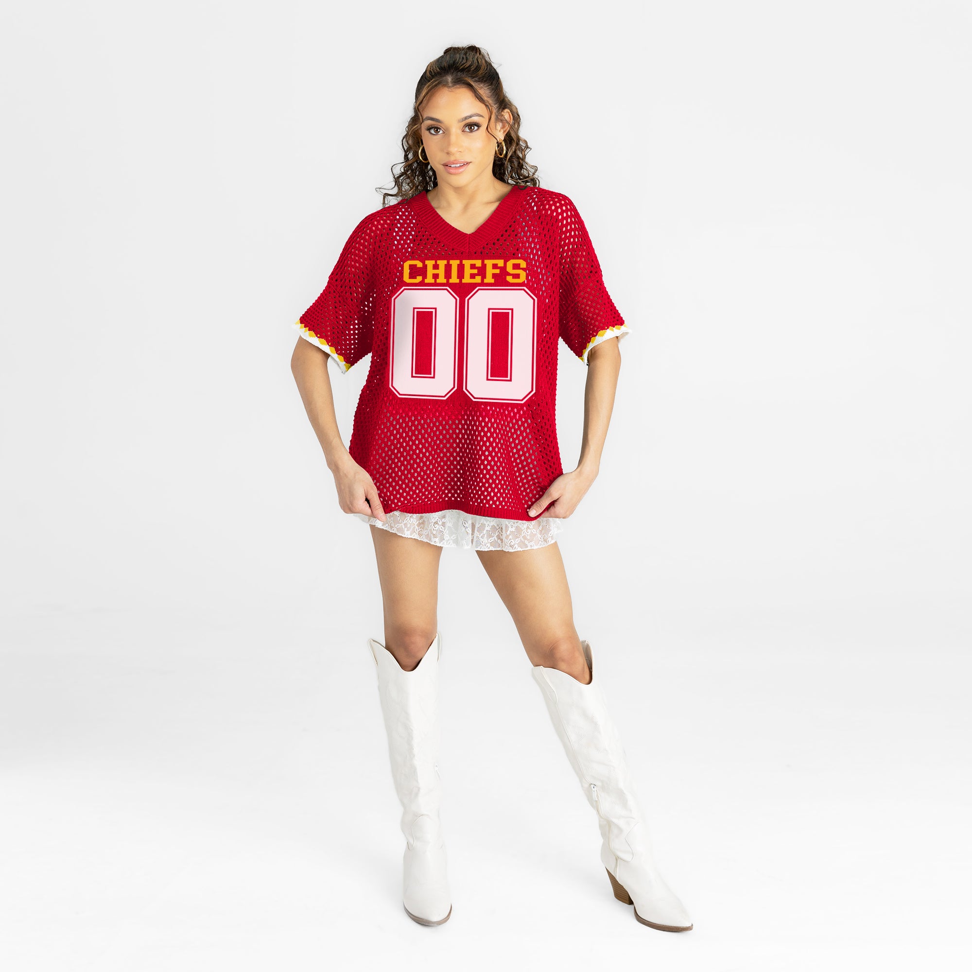 KANSAS CITY CHIEFS CATCH YOU LATER OPEN KNIT SWEATER