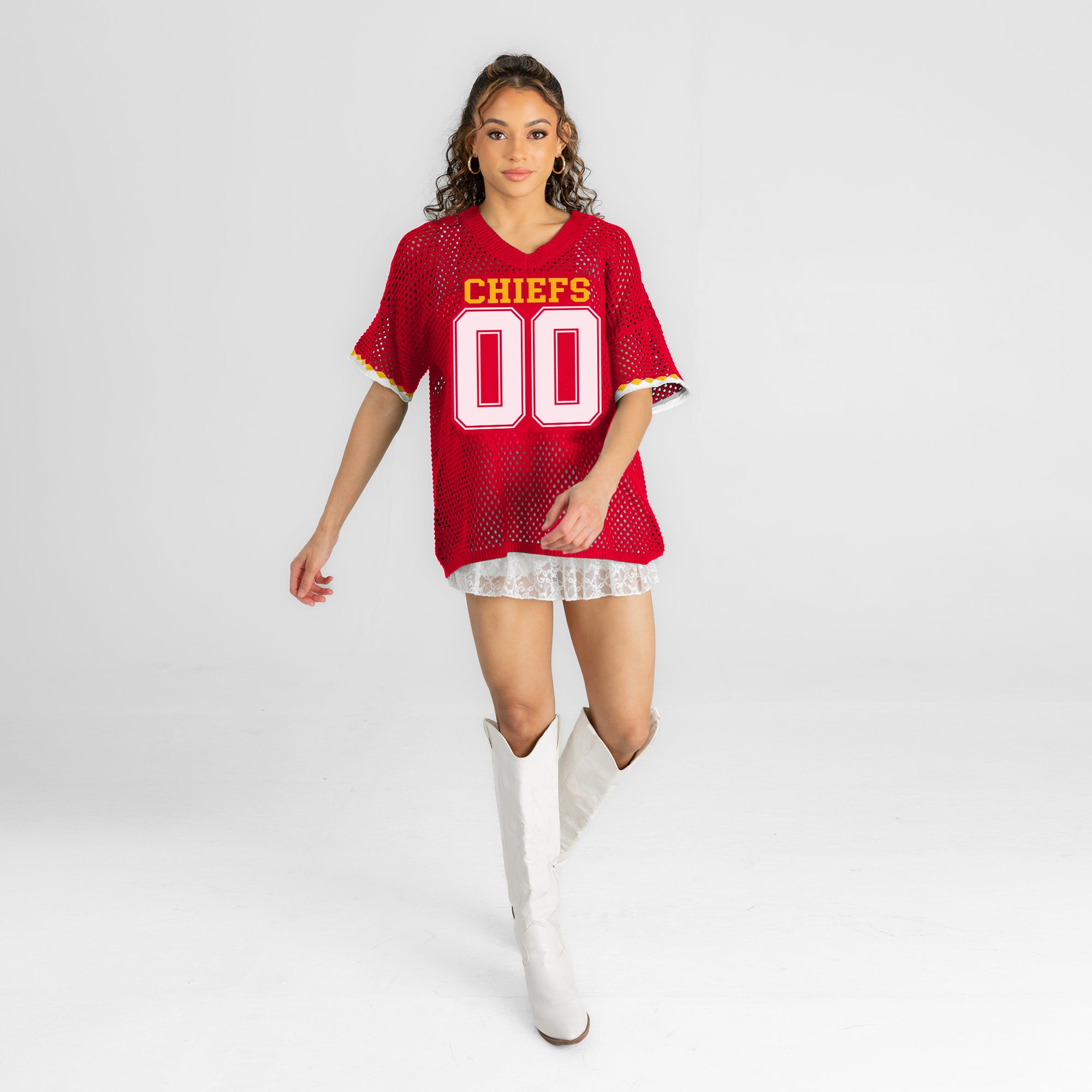 KANSAS CITY CHIEFS CATCH YOU LATER OPEN KNIT SWEATER