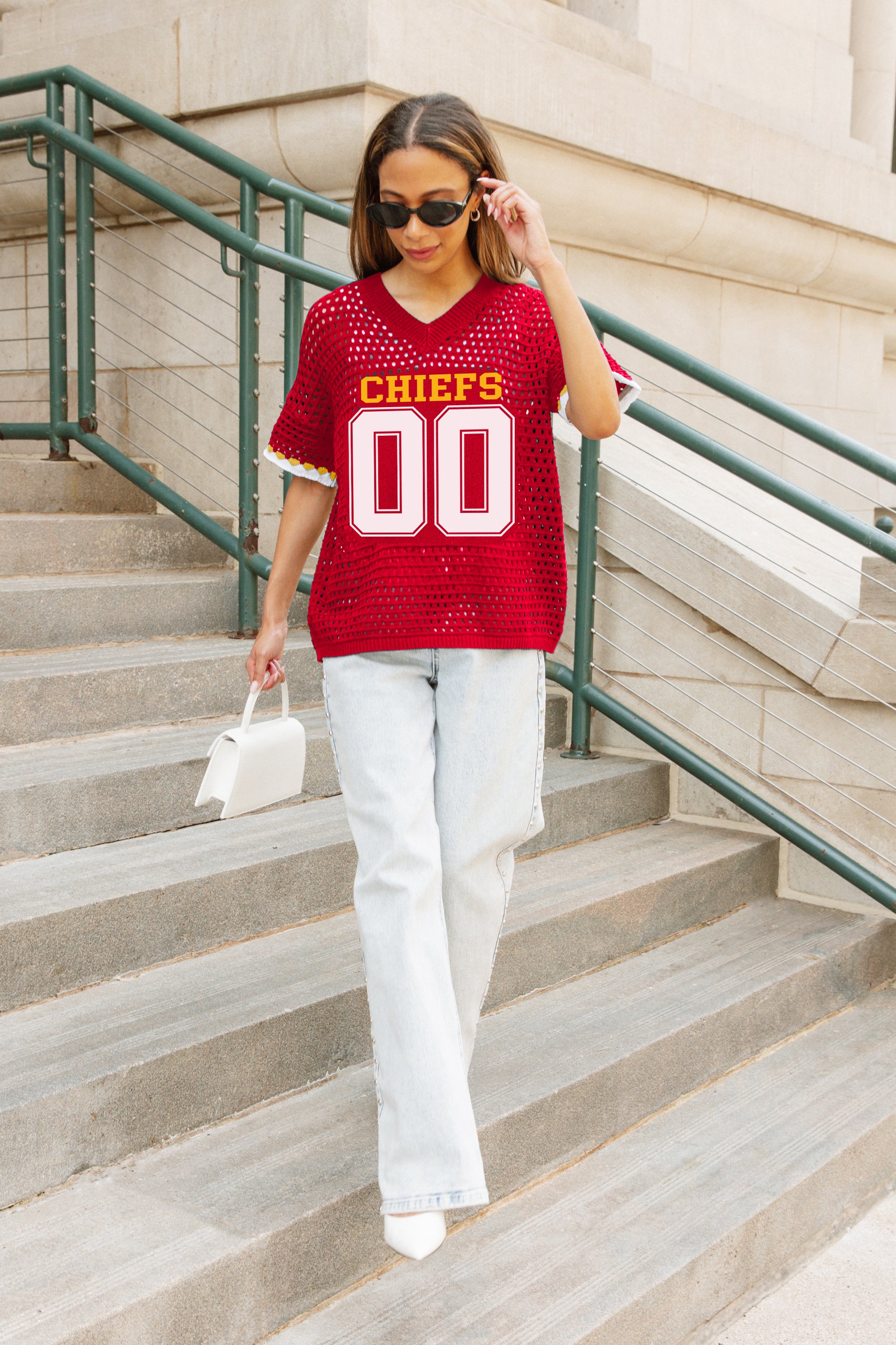 KANSAS CITY CHIEFS CATCH YOU LATER OPEN KNIT SWEATER