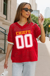 KANSAS CITY CHIEFS CATCH YOU LATER OPEN KNIT SWEATER