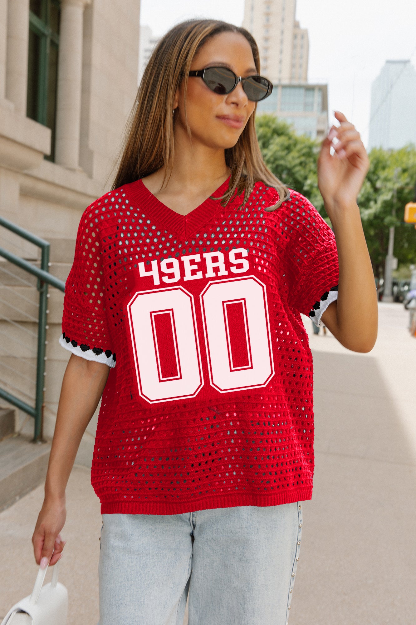 SAN FRANCISCO 49ERS CATCH YOU LATER OPEN KNIT SWEATER
