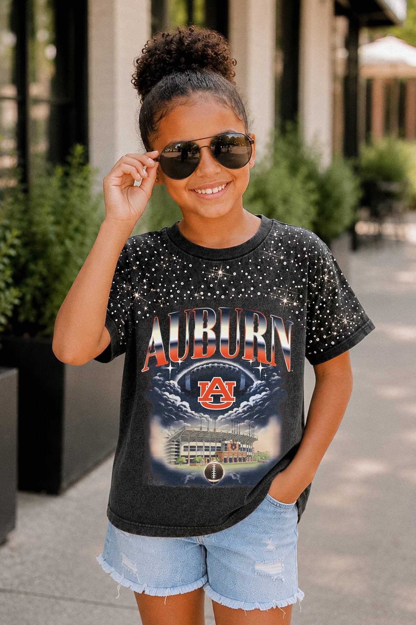 AUBURN TIGERS SKY'S THE LIMIT KIDS VINTAGE WASH RHINESTONE TEE