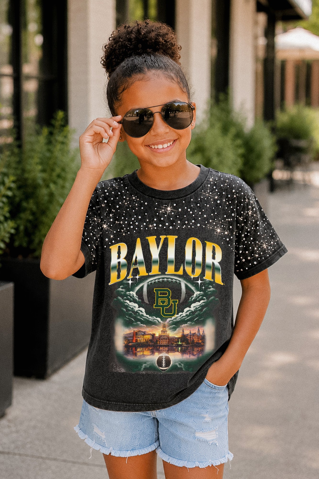 BAYLOR BEARS SKY'S THE LIMIT KIDS VINTAGE WASH RHINESTONE TEE