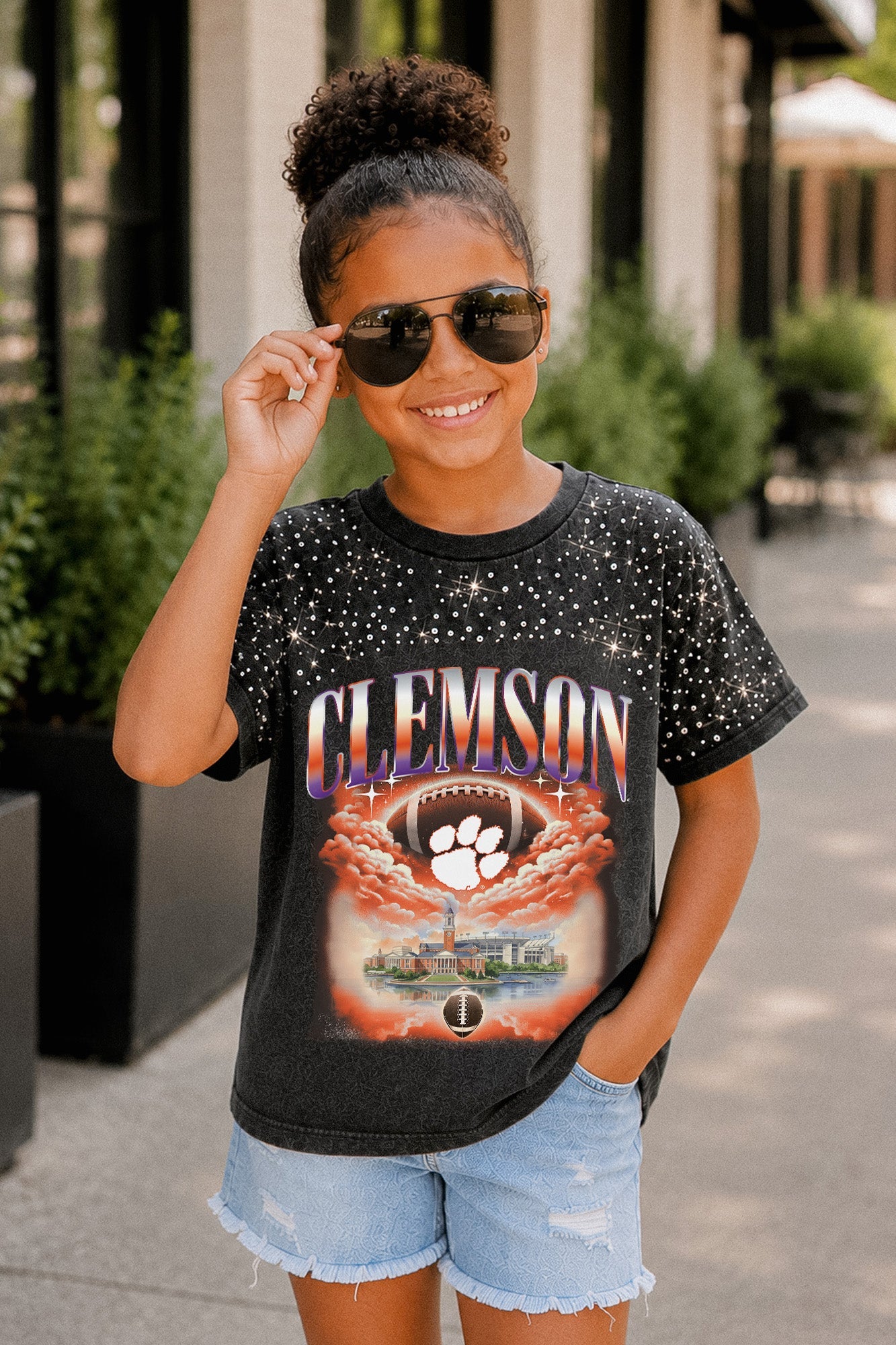 CLEMSON TIGERS SKY'S THE LIMIT KIDS VINTAGE WASH RHINESTONE TEE