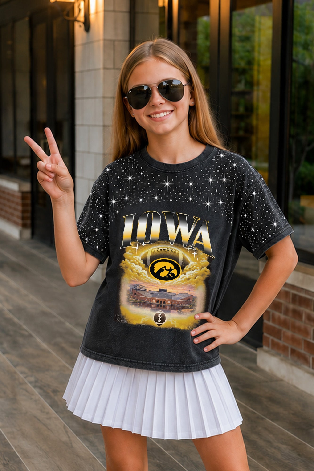 IOWA HAWKEYES SKY'S THE LIMIT KIDS VINTAGE WASH RHINESTONE TEE