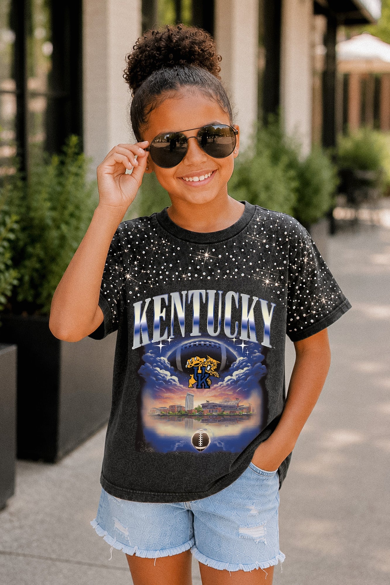 KENTUCKY WILDCATS SKY'S THE LIMIT KIDS VINTAGE WASH RHINESTONE TEE