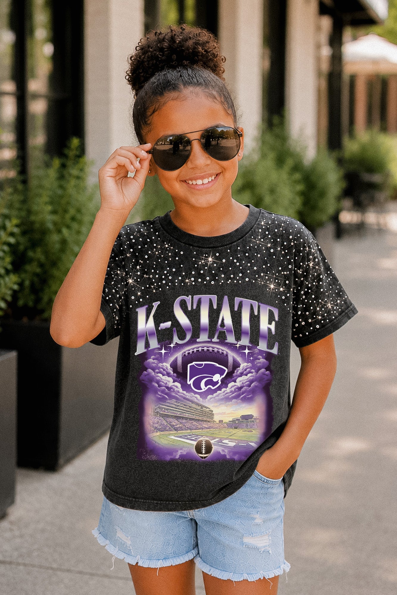 KANSAS STATE WILDCATS SKY'S THE LIMIT KIDS VINTAGE WASH RHINESTONE TEE