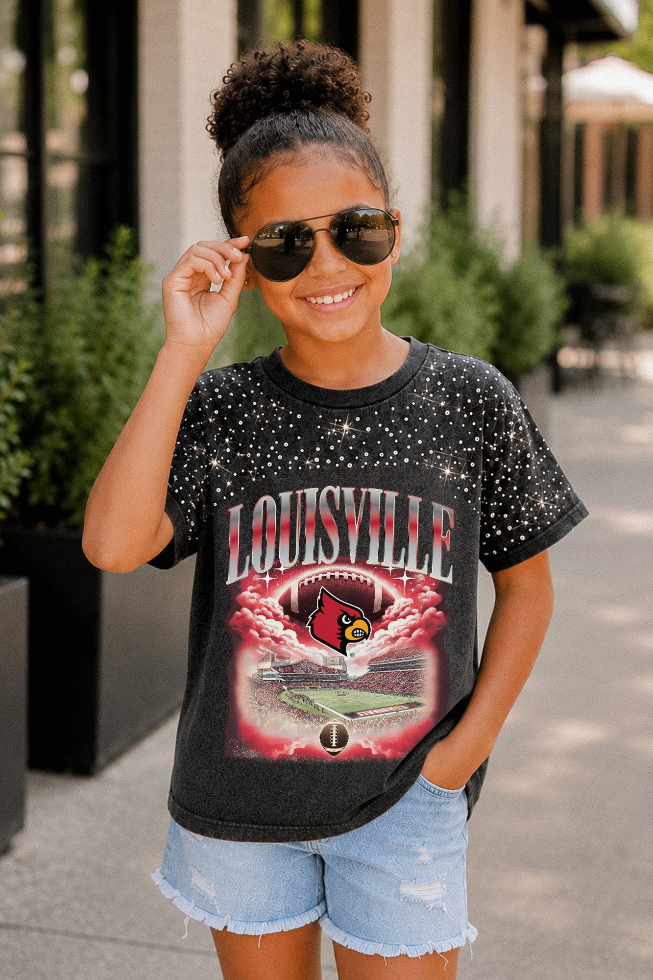 LOUISVILLE CARDINALS SKY'S THE LIMIT KIDS VINTAGE WASH RHINESTONE TEE