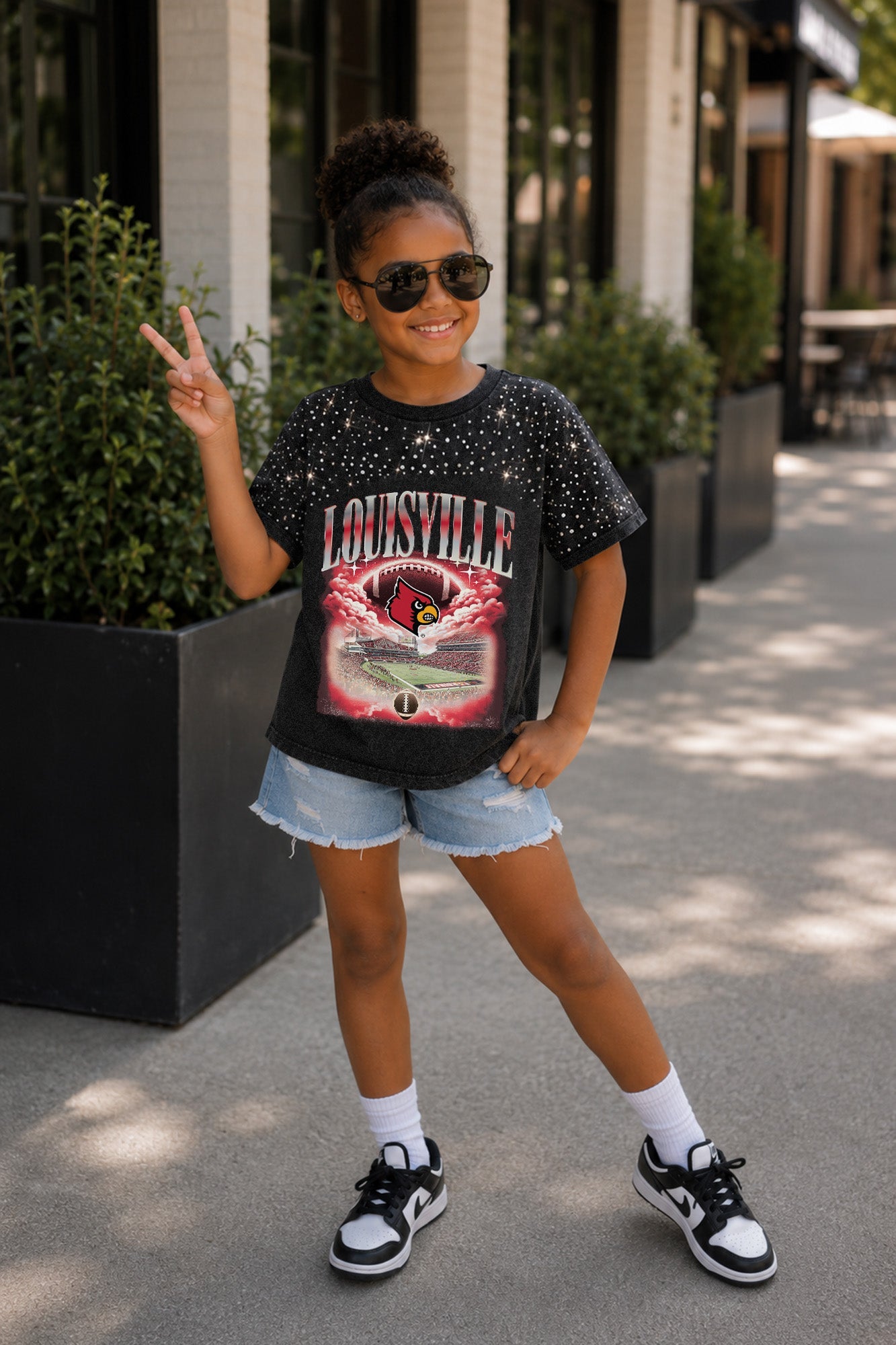 LOUISVILLE CARDINALS SKY'S THE LIMIT KIDS VINTAGE WASH RHINESTONE TEE