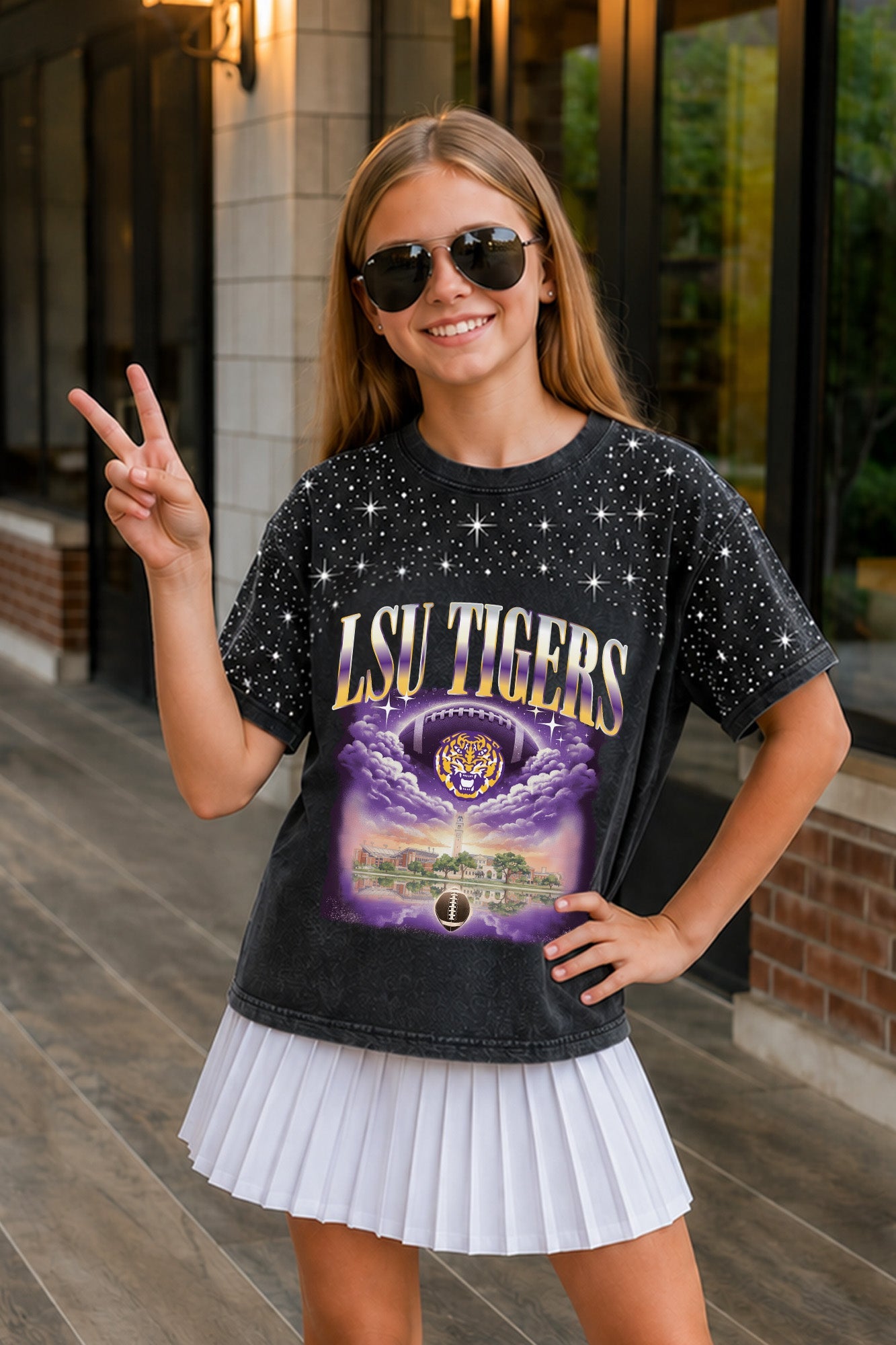LSU TIGERS SKY'S THE LIMIT KIDS VINTAGE WASH RHINESTONE TEE
