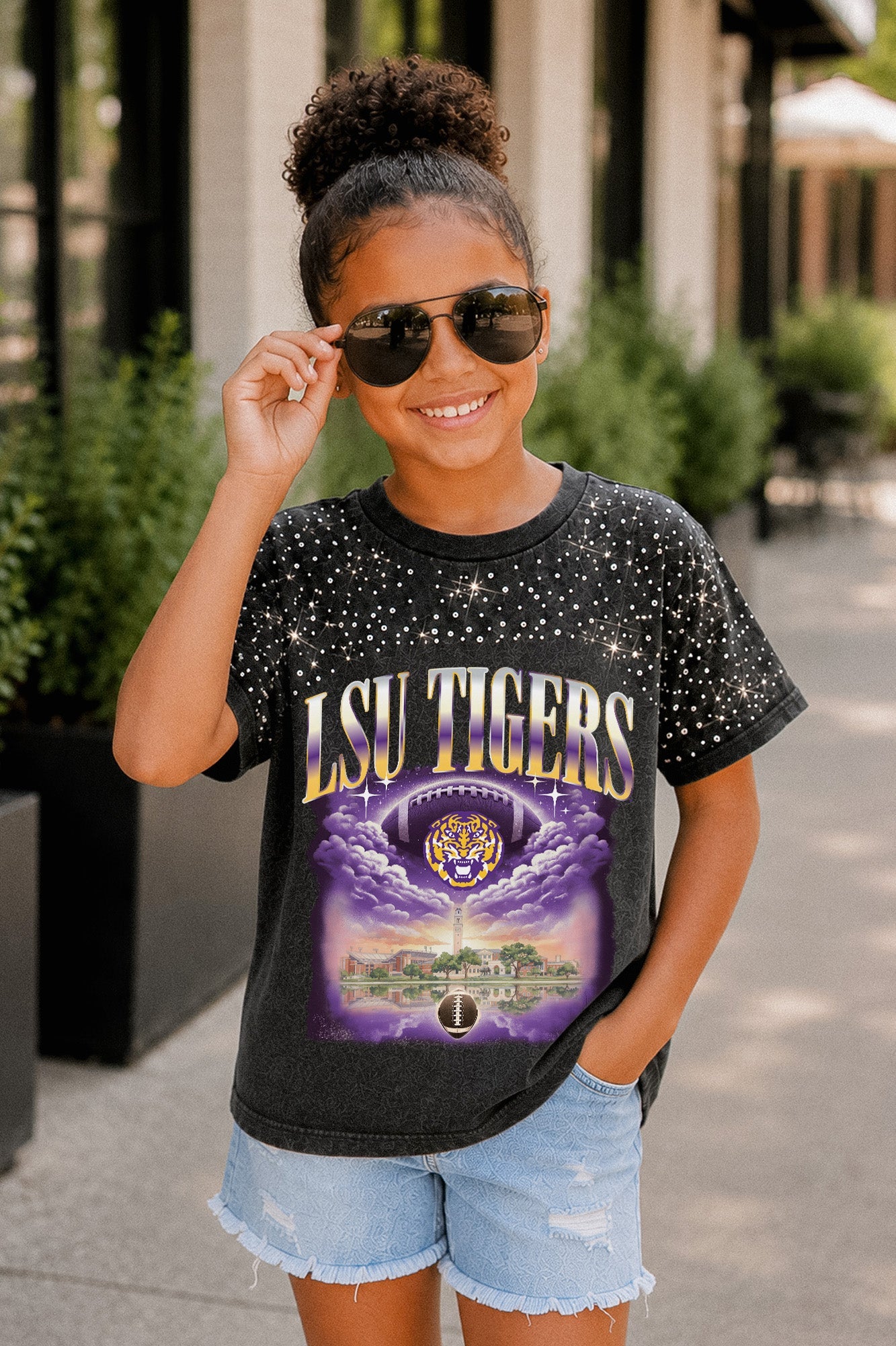 LSU TIGERS SKY'S THE LIMIT KIDS VINTAGE WASH RHINESTONE TEE