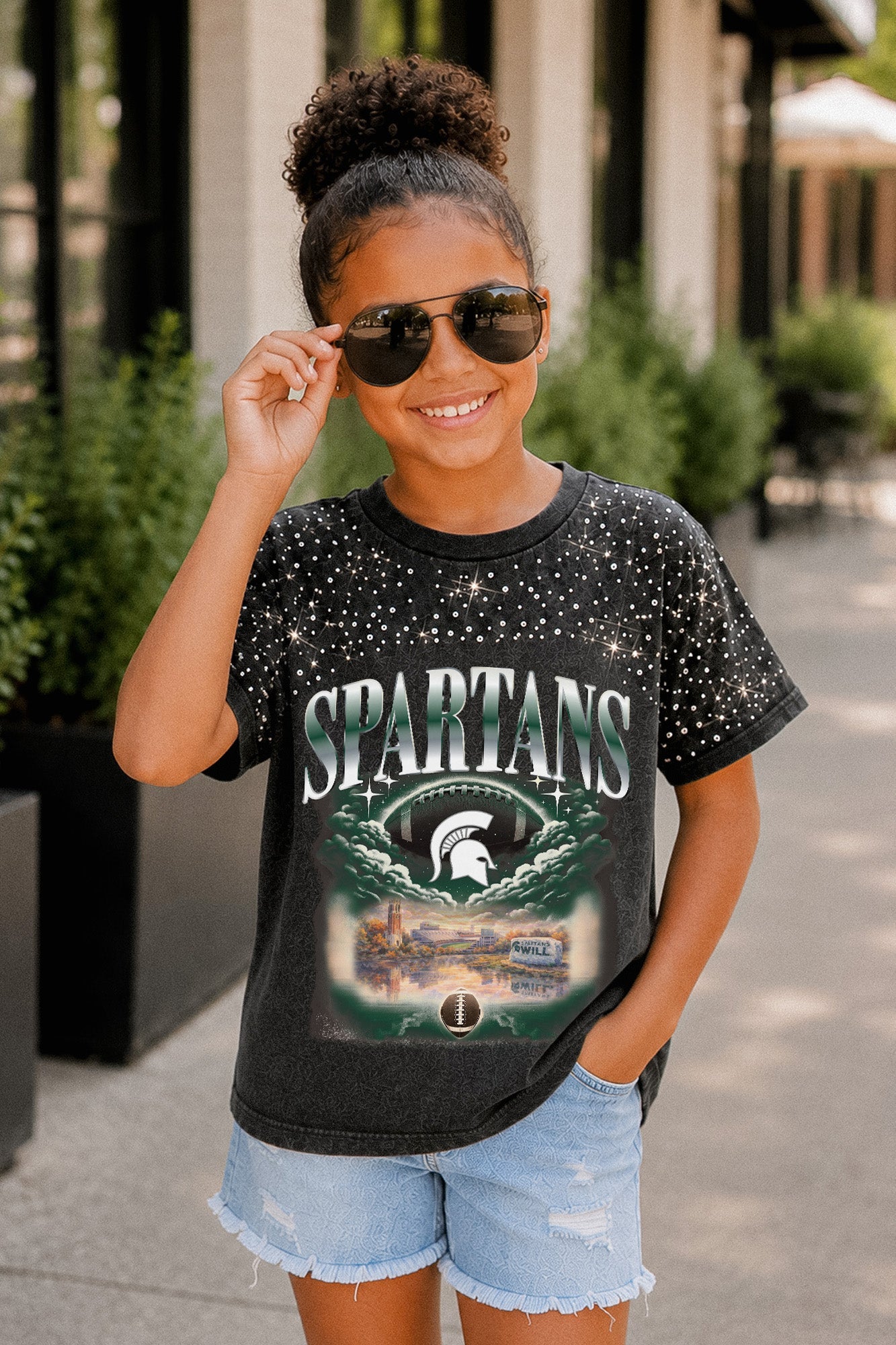 MICHIGAN STATE SPARTANS SKY'S THE LIMIT KIDS VINTAGE WASH RHINESTONE TEE