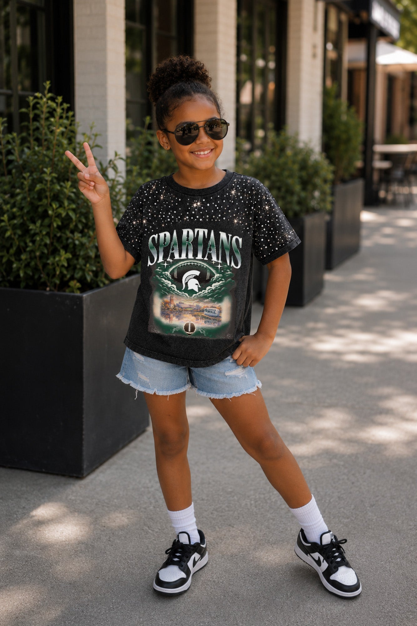MICHIGAN STATE SPARTANS SKY'S THE LIMIT KIDS VINTAGE WASH RHINESTONE TEE