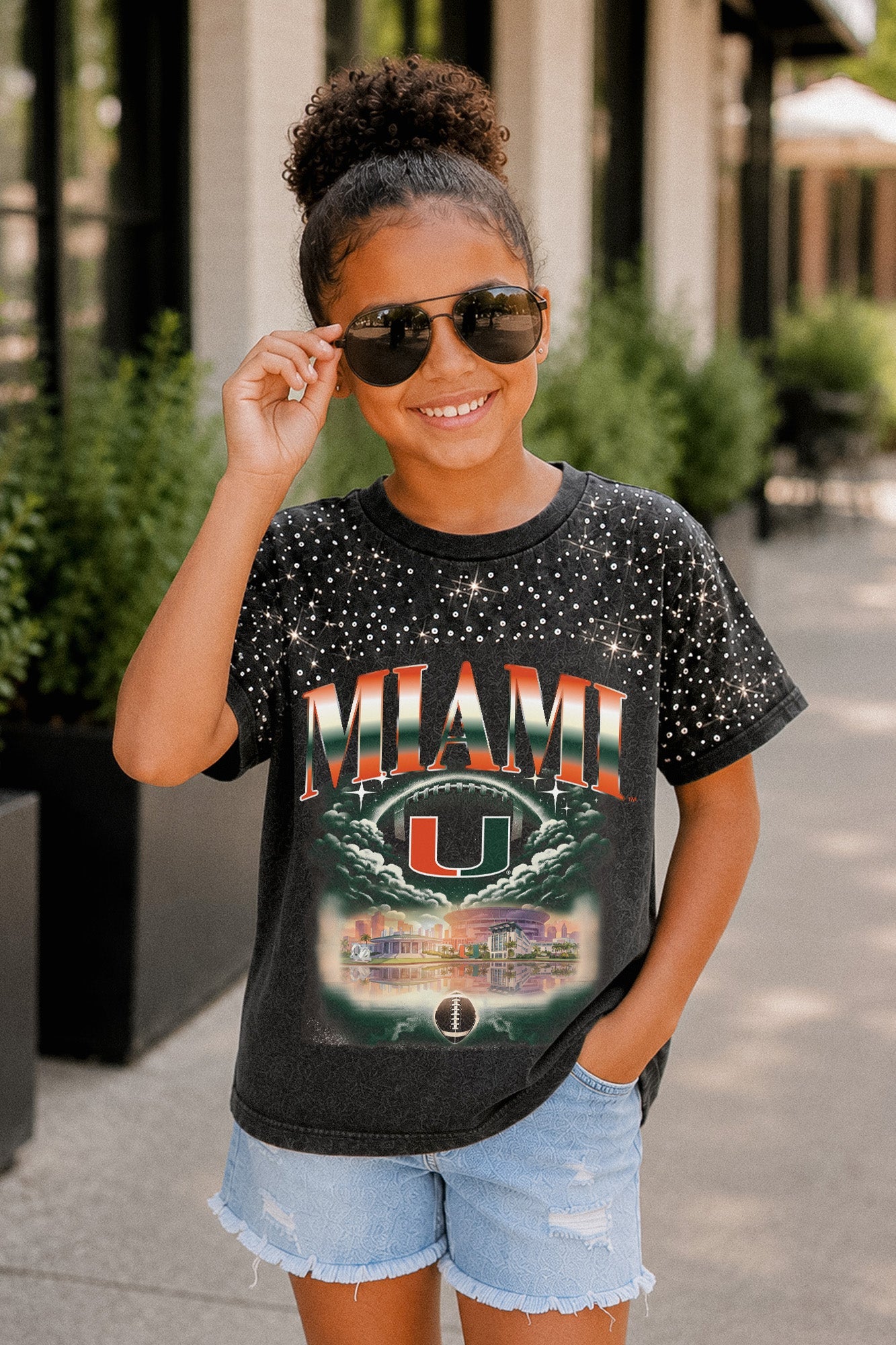 MIAMI HURRICANES SKY'S THE LIMIT KIDS VINTAGE WASH RHINESTONE TEE