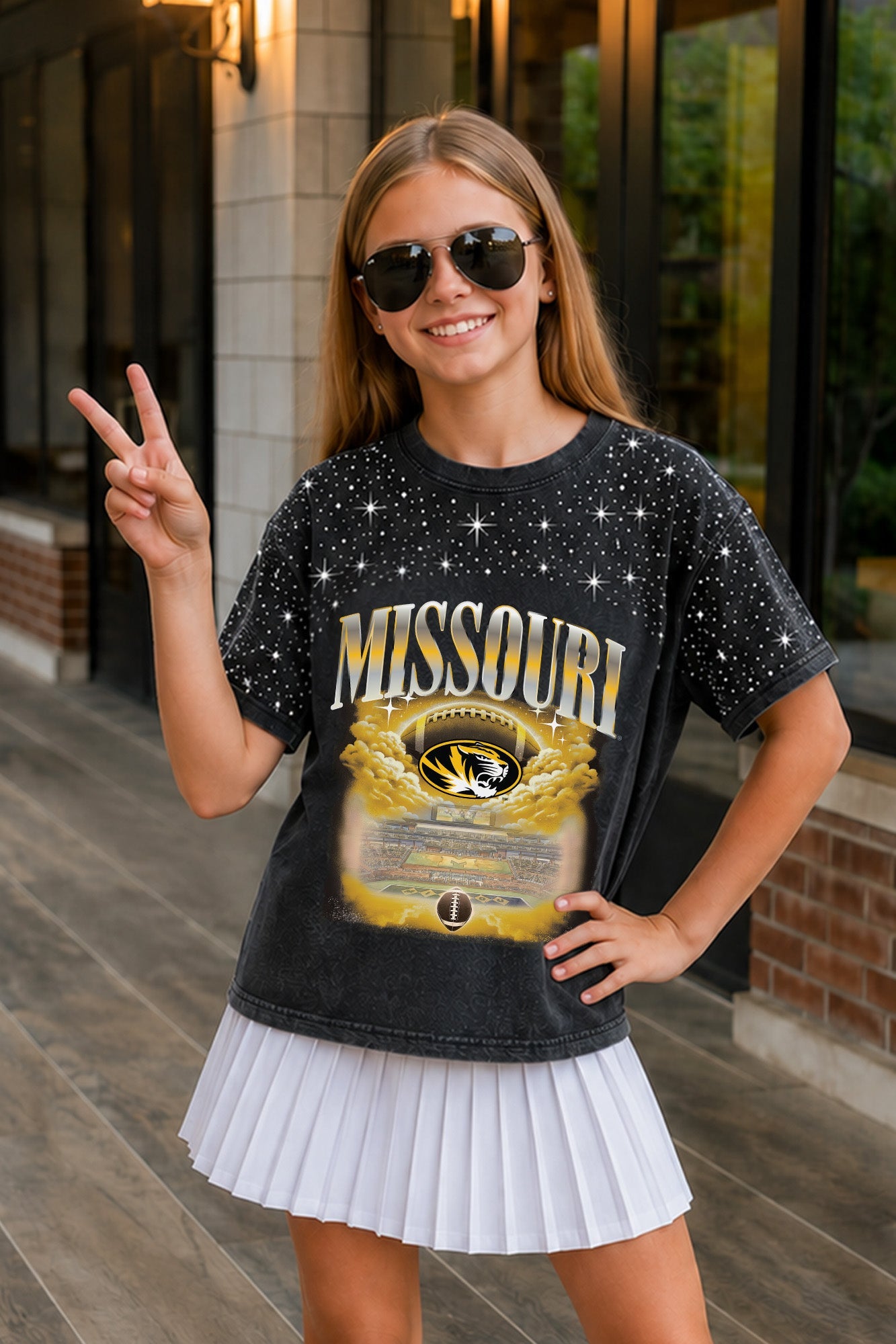MISSOURI TIGERS SKY'S THE LIMIT KIDS VINTAGE WASH RHINESTONE TEE