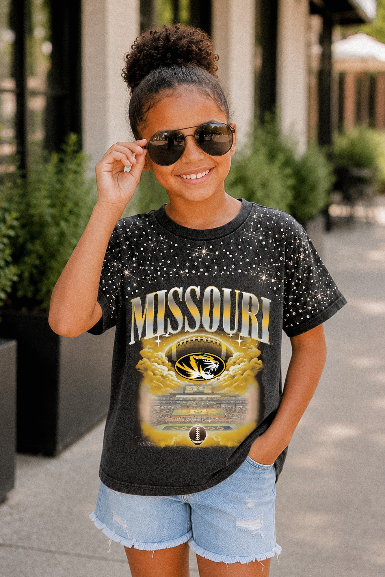 MISSOURI TIGERS SKY'S THE LIMIT KIDS VINTAGE WASH RHINESTONE TEE