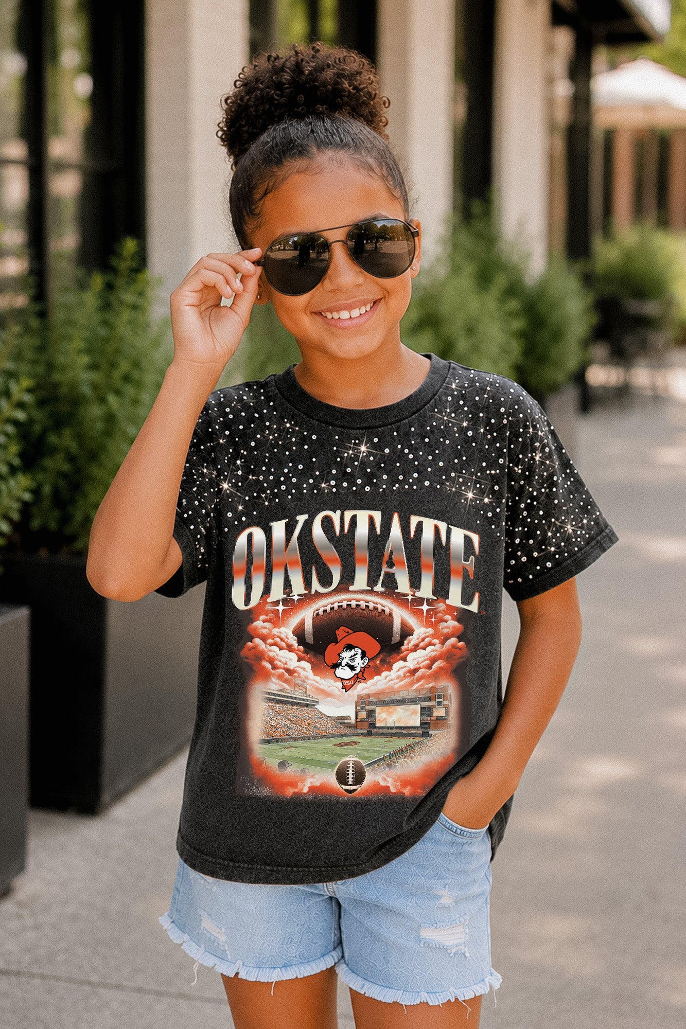 OKLAHOMA STATE COWBOYS SKY'S THE LIMIT KIDS VINTAGE WASH RHINESTONE TEE
