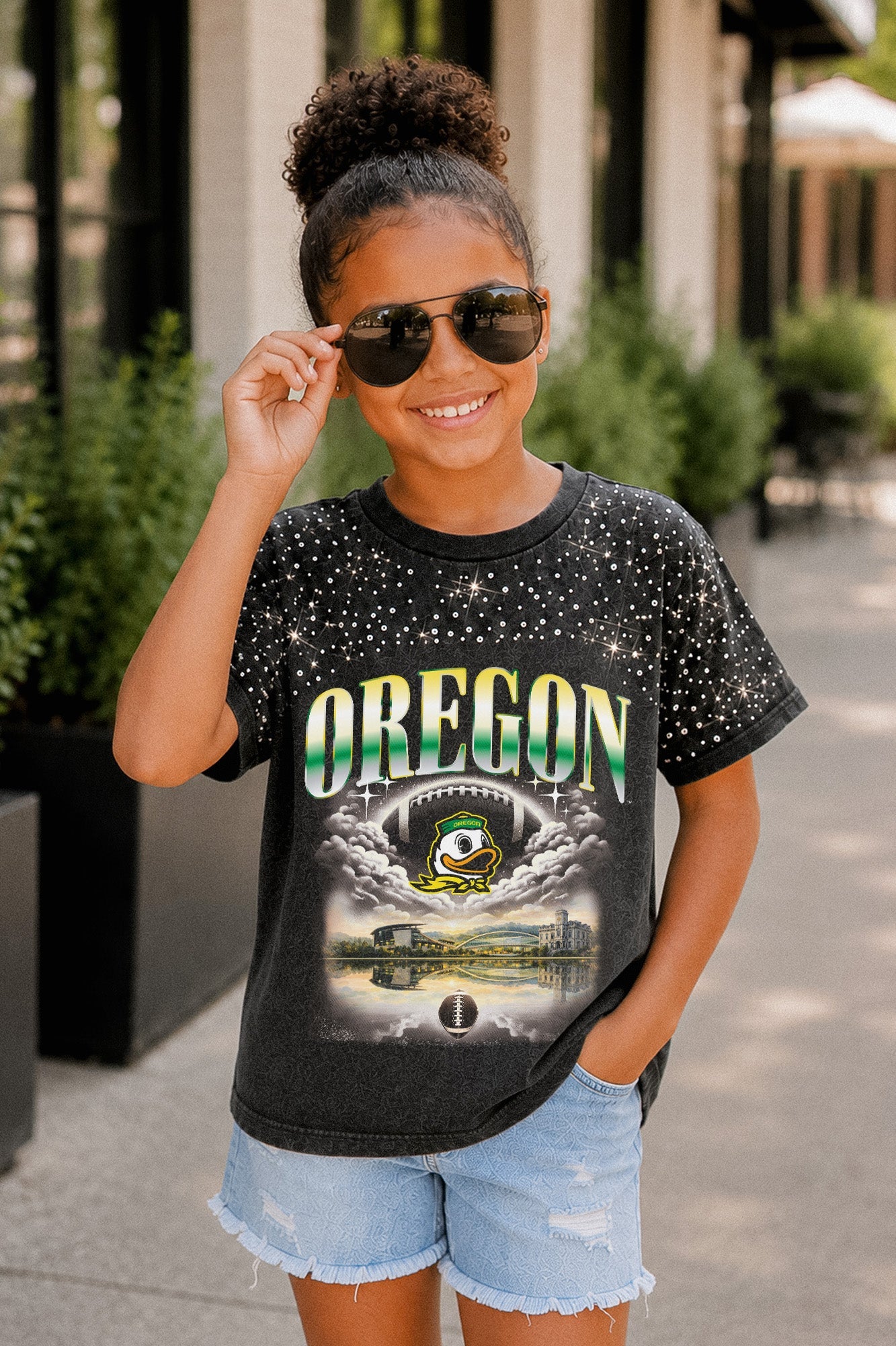 OREGON DUCKS SKY'S THE LIMIT KIDS VINTAGE WASH RHINESTONE TEE