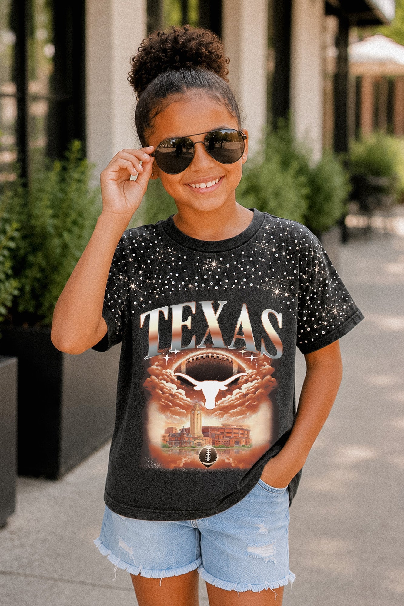 TEXAS LONGHORNS SKY'S THE LIMIT KIDS VINTAGE WASH RHINESTONE TEE