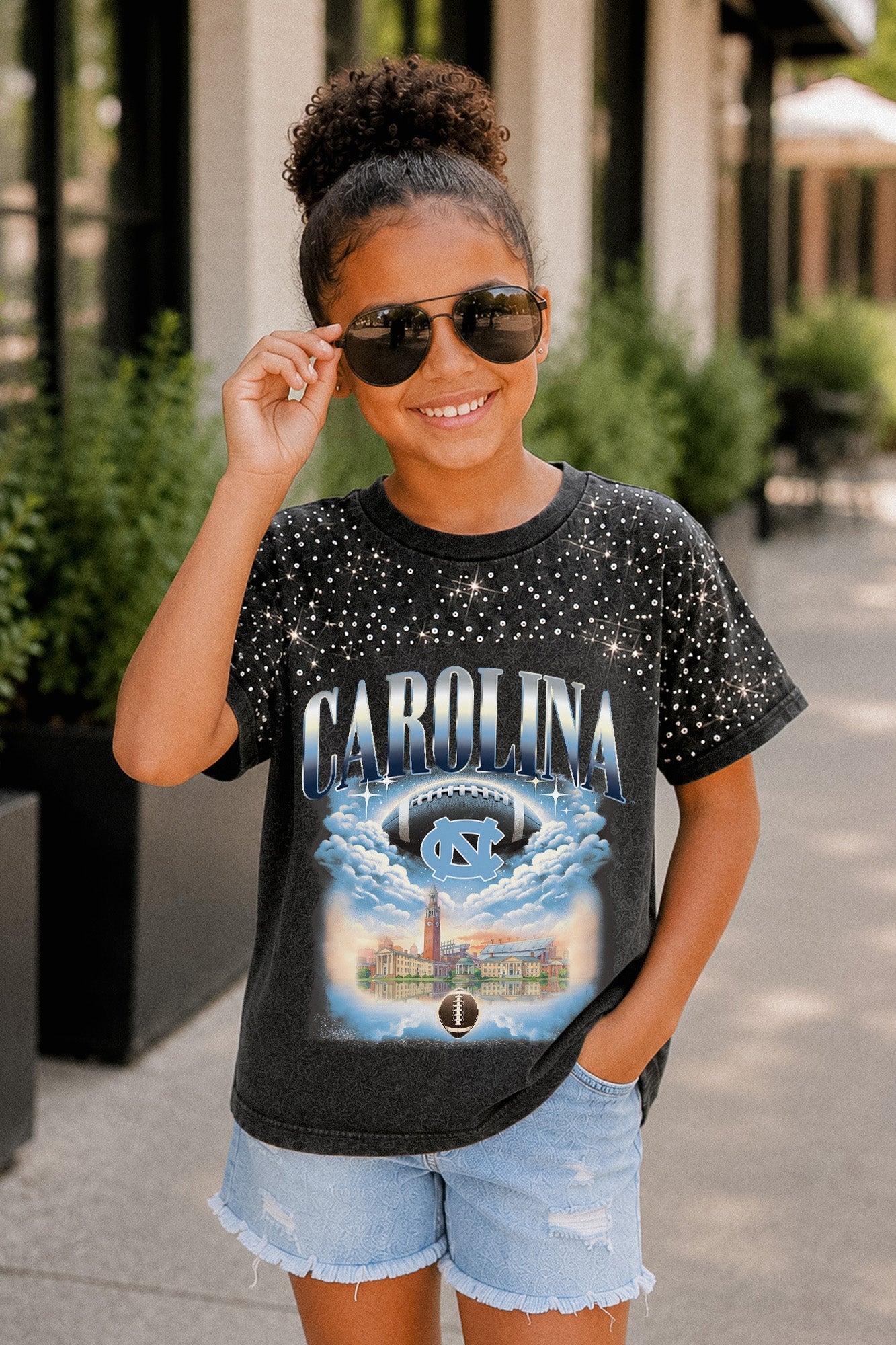 NORTH CAROLINA TAR HEELS SKY'S THE LIMIT KIDS VINTAGE WASH RHINESTONE TEE