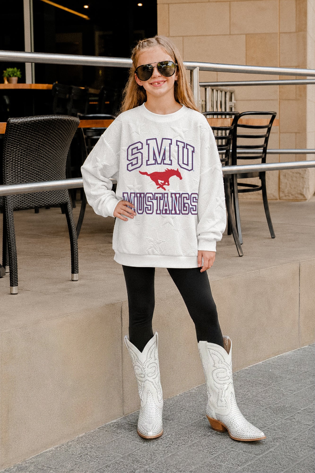 SMU MUSTANGS BIG PLAY ENERGY KIDS EMBOSSED STAR CREWNECK