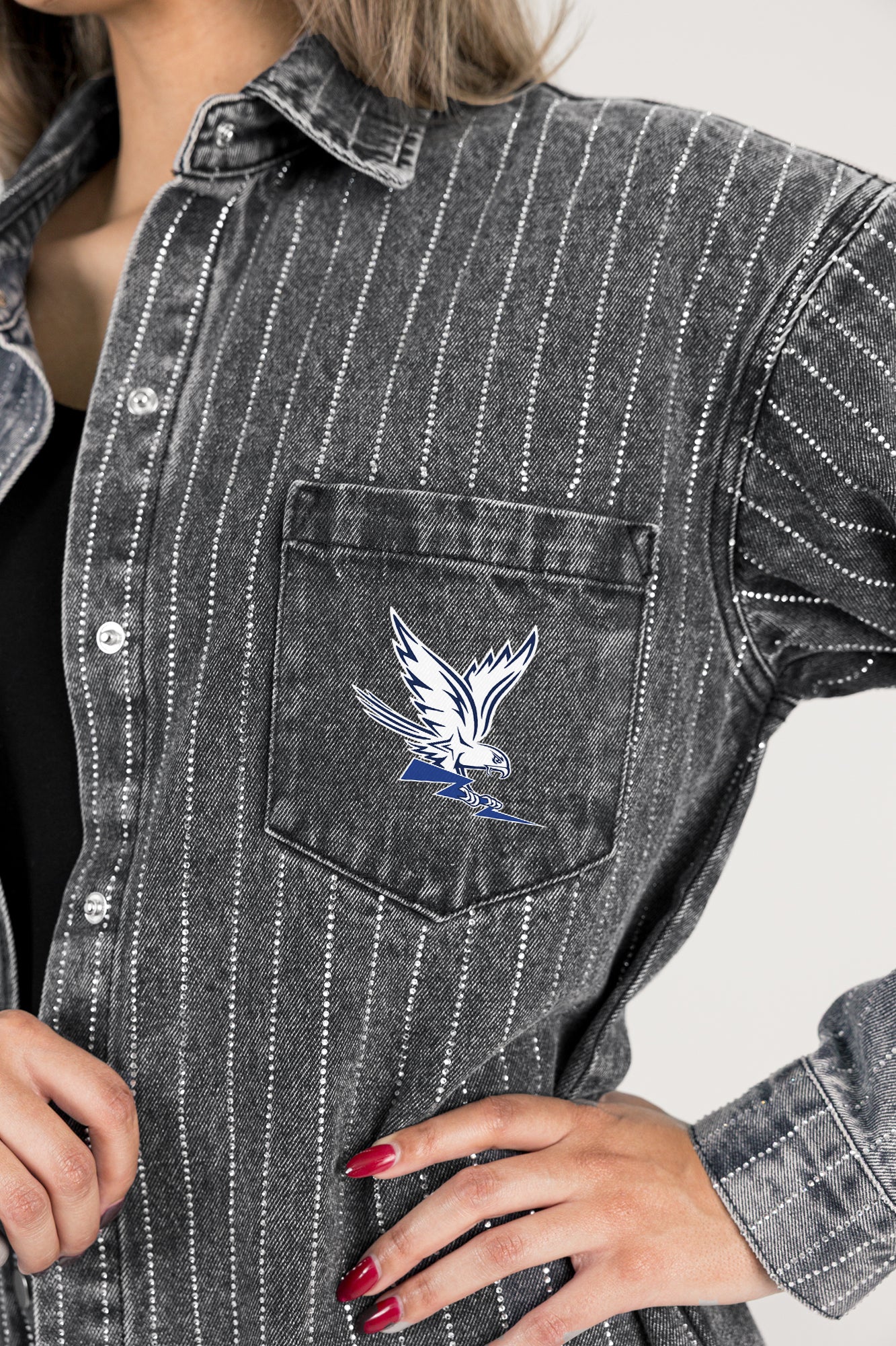 AIR FORCE FALCONS STYLES THE LIMIT MICRO-RHINESTONE DENIM OVERSHIRT IN BLACK