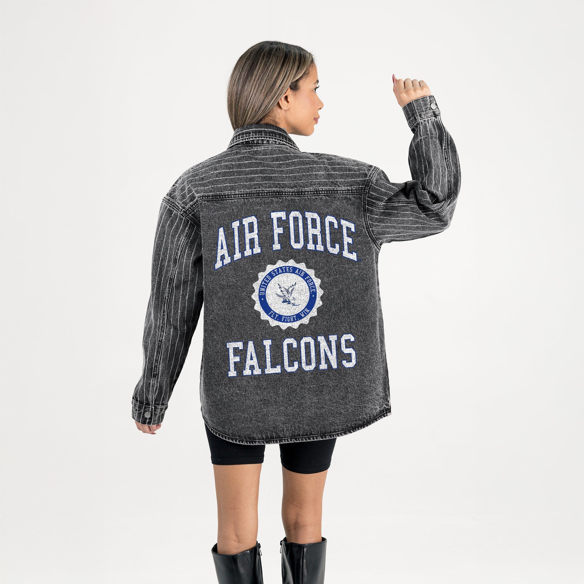 AIR FORCE FALCONS STYLES THE LIMIT MICRO-RHINESTONE DENIM OVERSHIRT IN BLACK