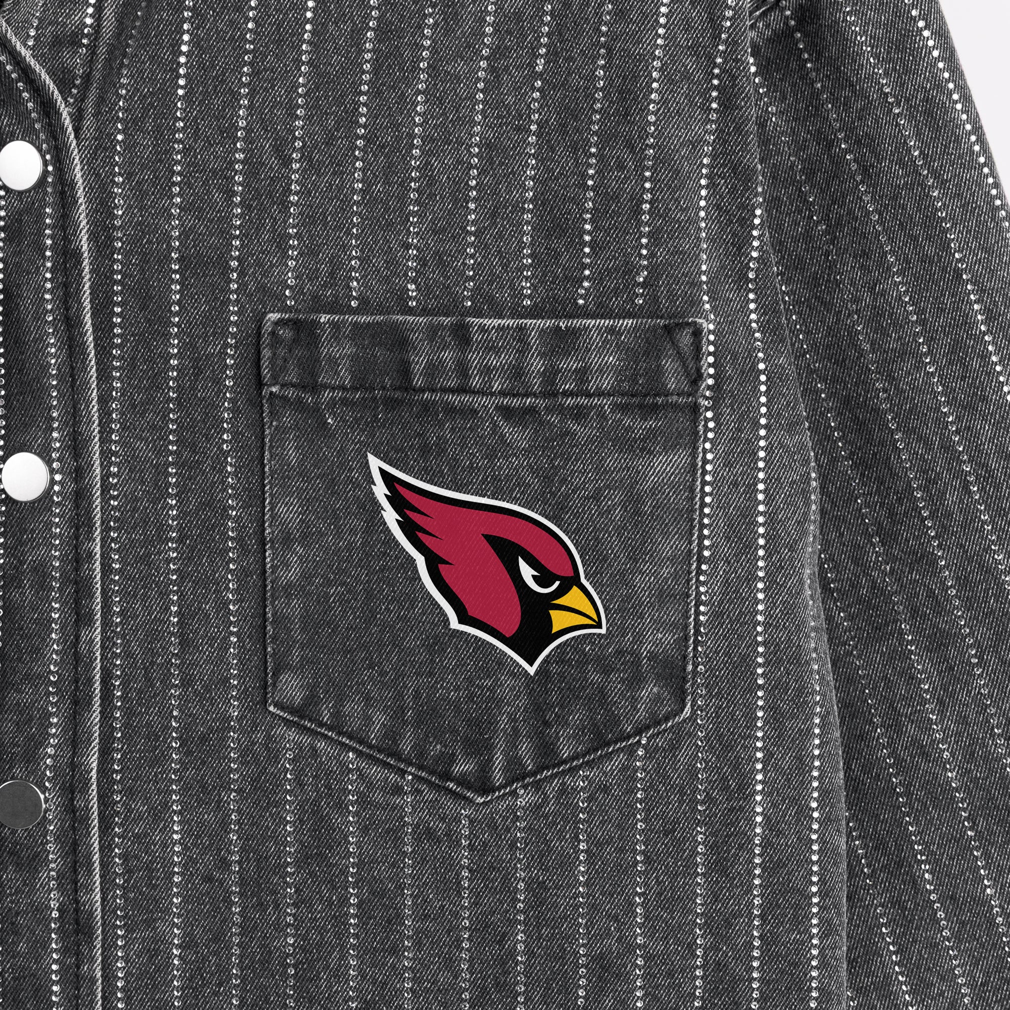 ARIZONA CARDINALS STYLES THE LIMIT MICRO-RHINESTONE DENIM OVERSHIRT IN BLACK