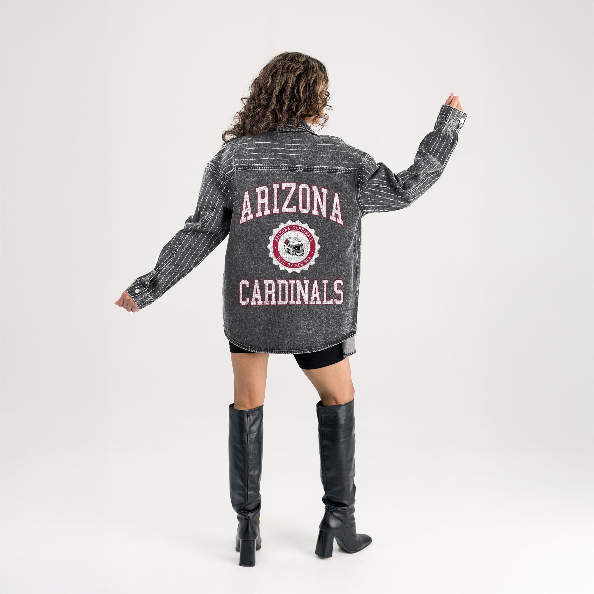 ARIZONA CARDINALS STYLES THE LIMIT MICRO-RHINESTONE DENIM OVERSHIRT IN BLACK