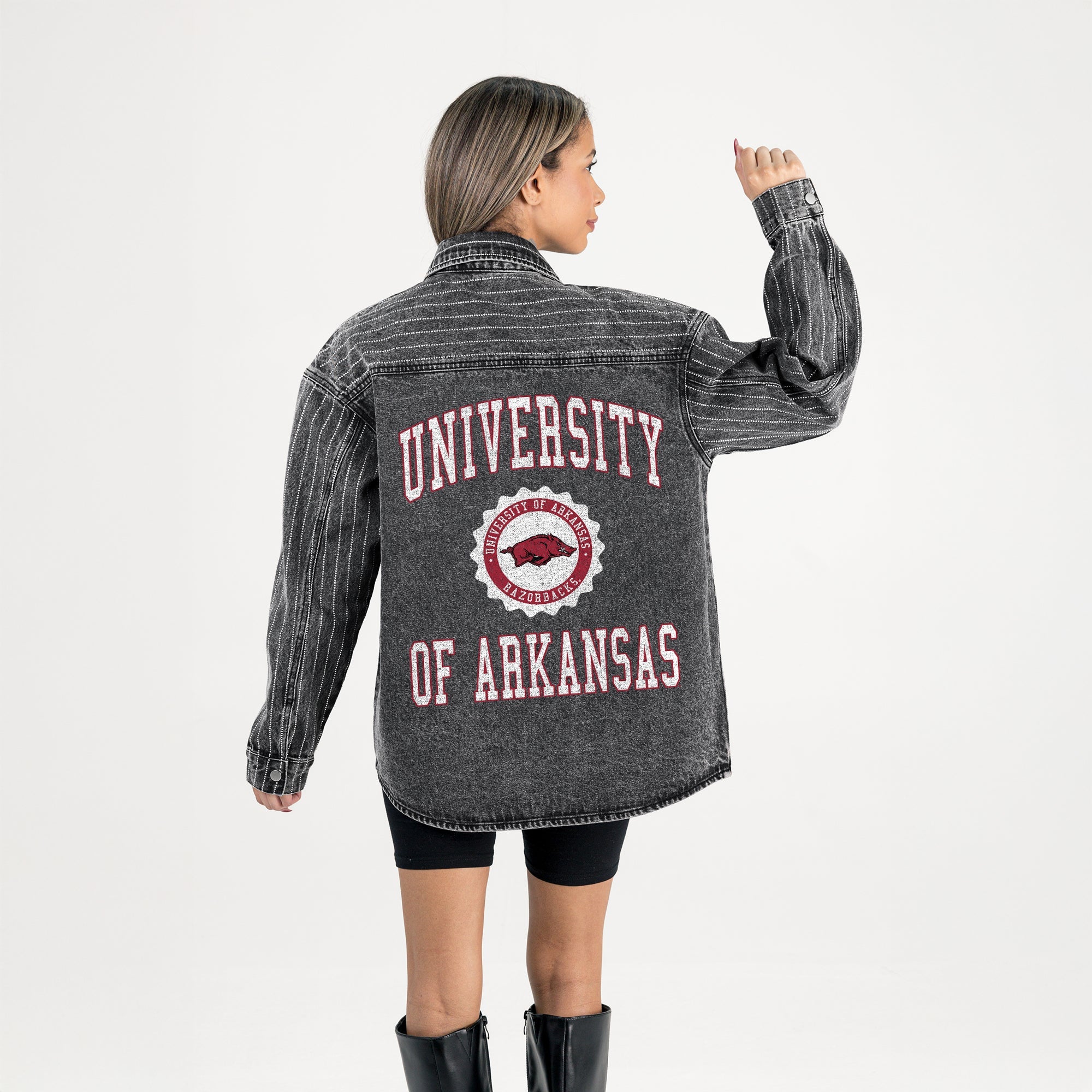 ARKANSAS RAZORBACKS STYLES THE LIMIT MICRO-RHINESTONE DENIM OVERSHIRT IN BLACK