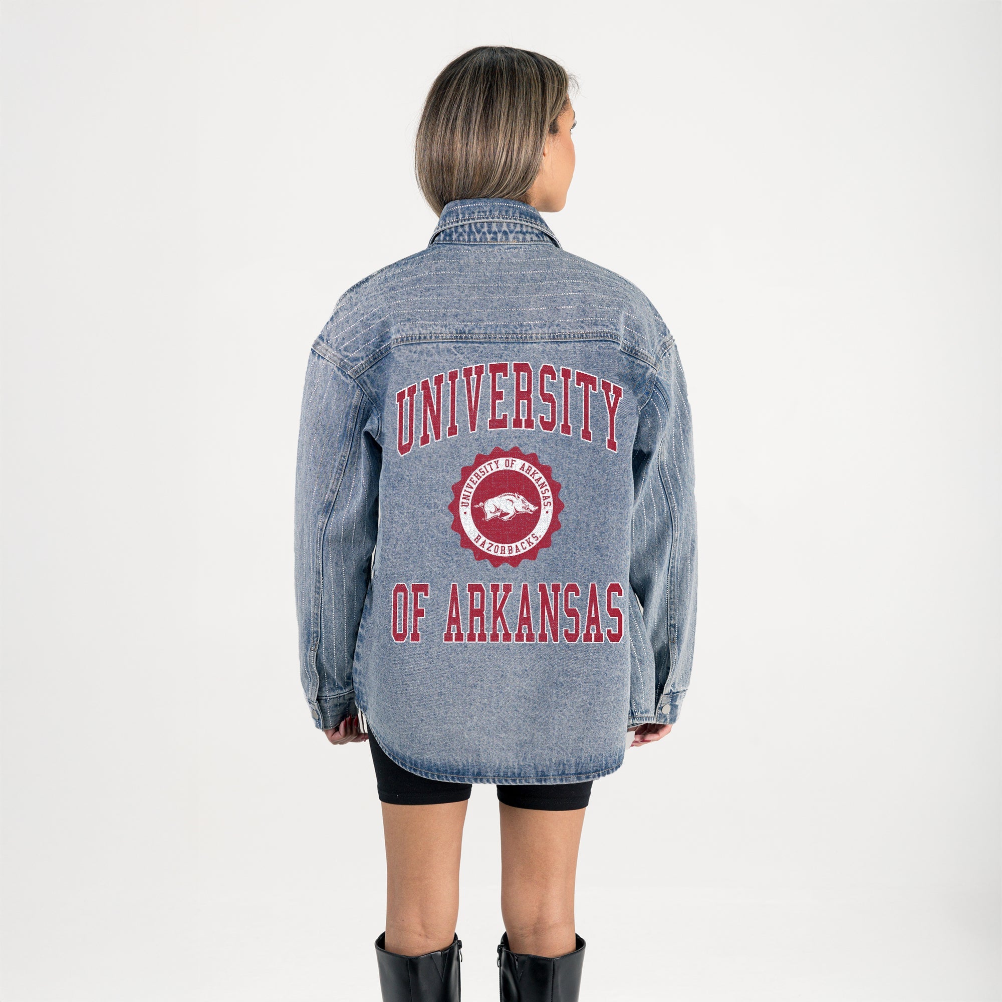 ARKANSAS RAZORBACKS STYLES THE LIMIT MICRO-RHINESTONE DENIM OVERSHIRT